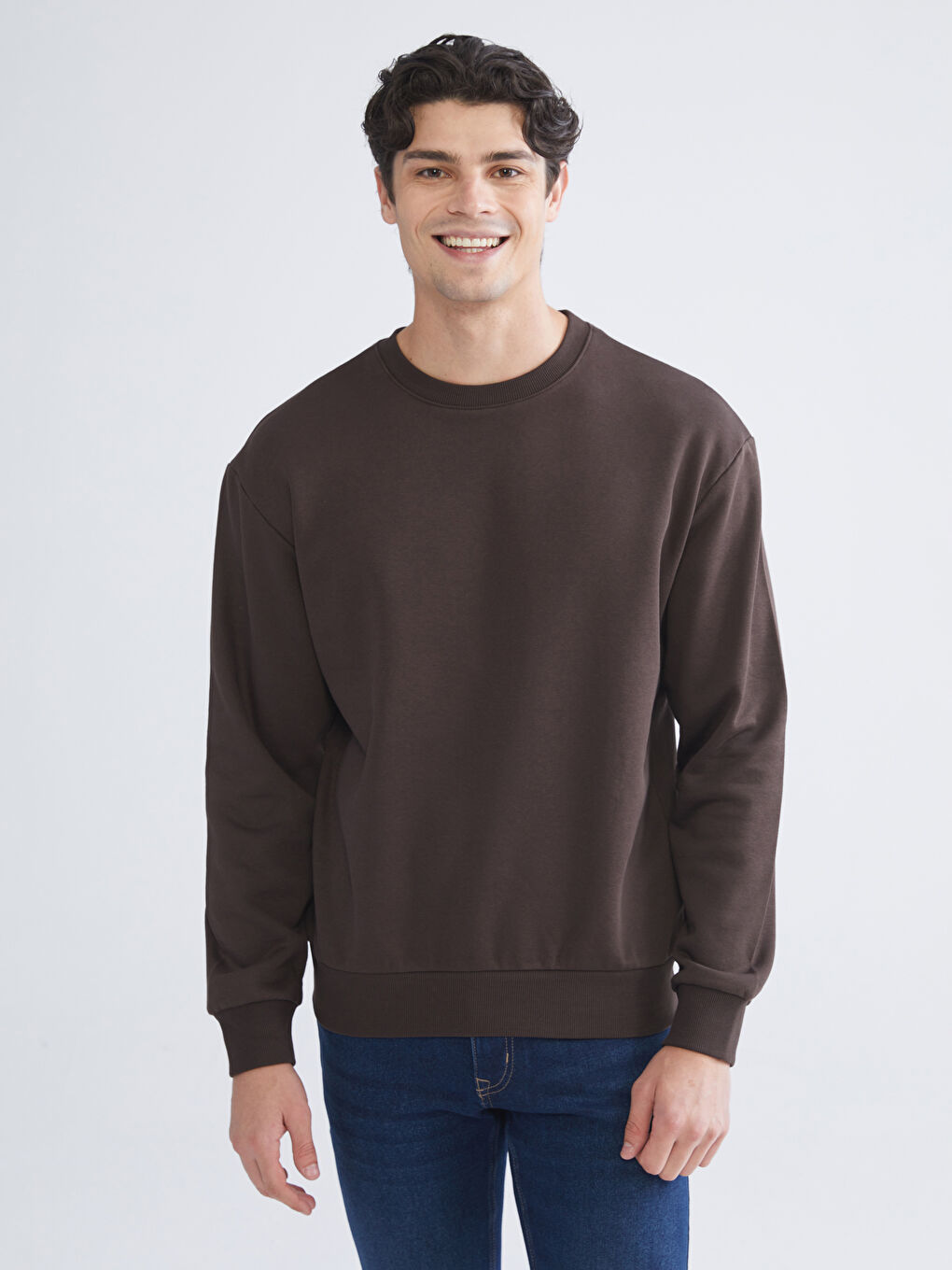 Kahverengi Bisiklet Yaka Erkek Sweatshirt