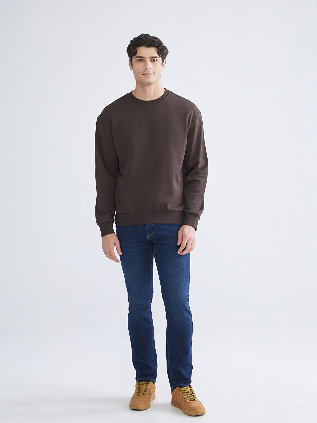 Kahverengi Bisiklet Yaka Erkek Sweatshirt-1