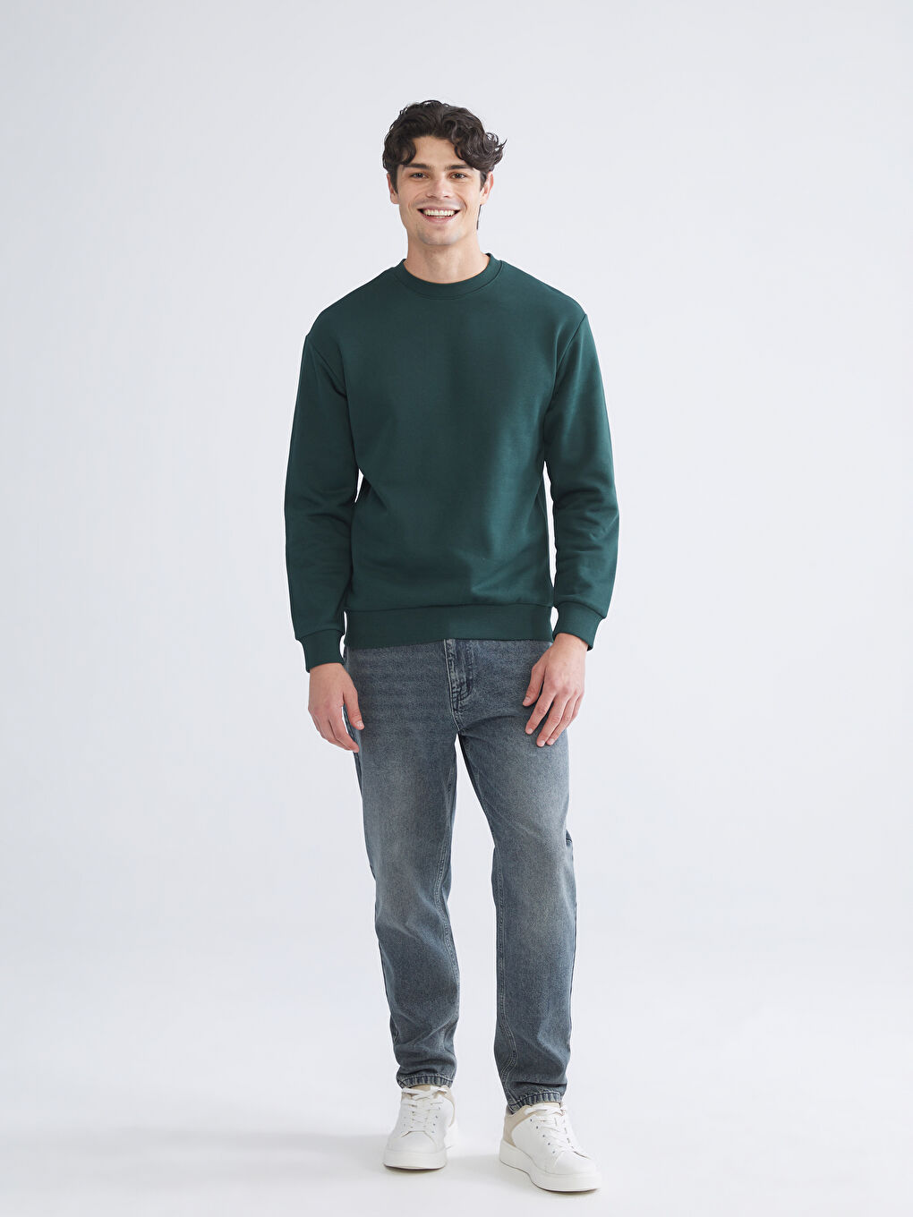 Yeşil Bisiklet Yaka Erkek Sweatshirt-1