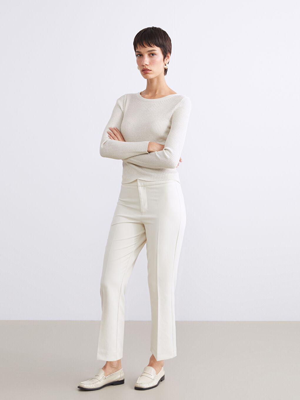 Ekru Dar Fit İspanyol Paça Kadın Pantolon-1