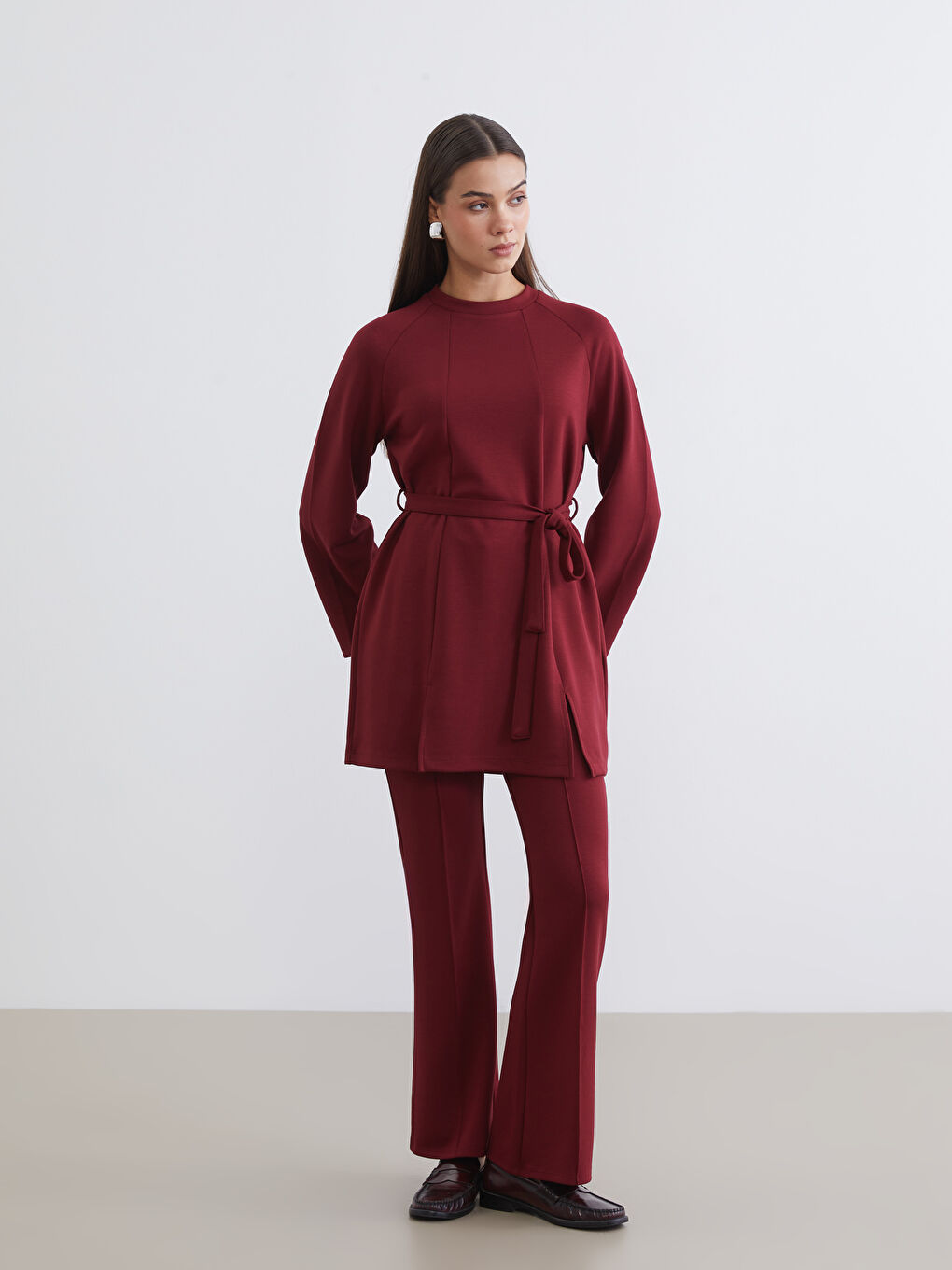 Bordo Yüksek Bel Düz İspanyol Paça Kadın Eşofman Altı