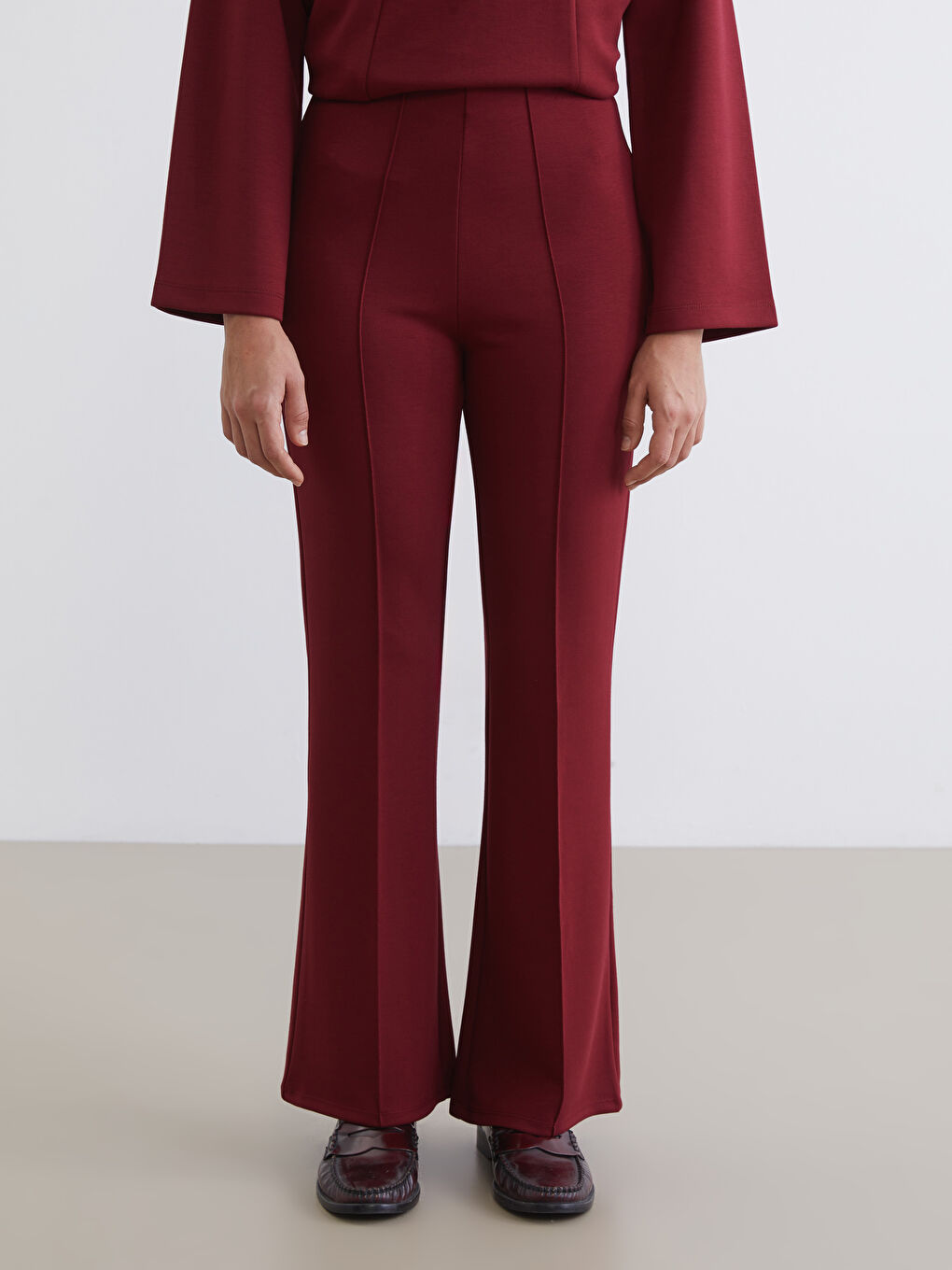 Bordo Yüksek Bel Düz İspanyol Paça Kadın Eşofman Altı-1