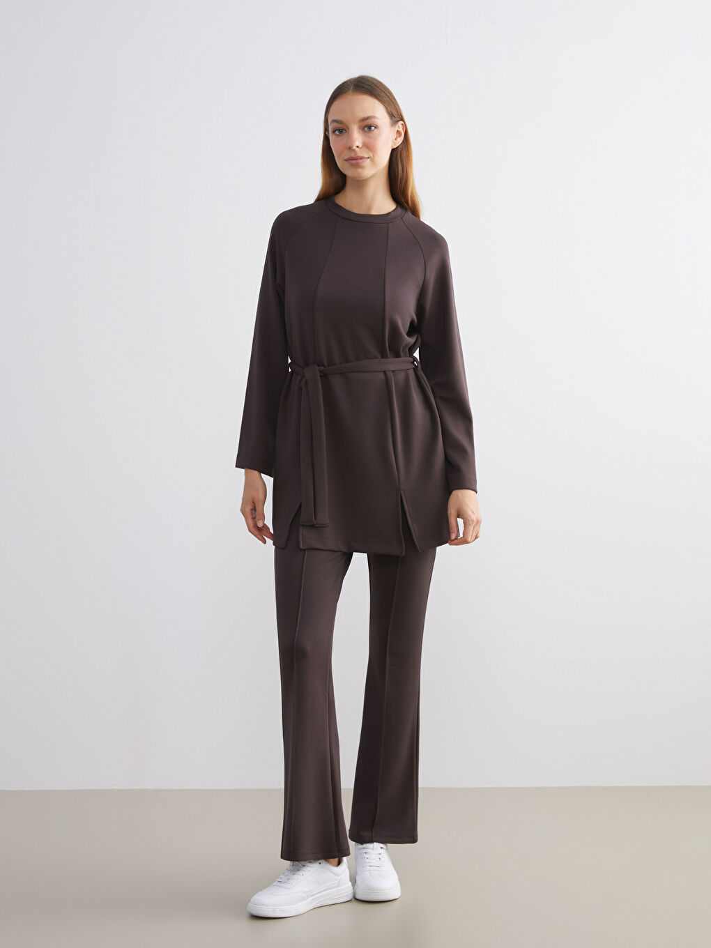 Kahverengi Yüksek Bel Düz İspanyol Paça Kadın Eşofman Altı