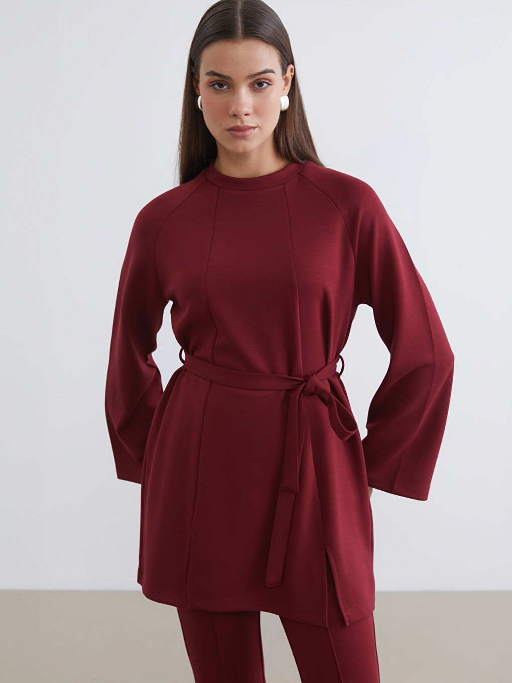 Bordo Beli Kuşaklı Kadın Sweatshirt Tunik
