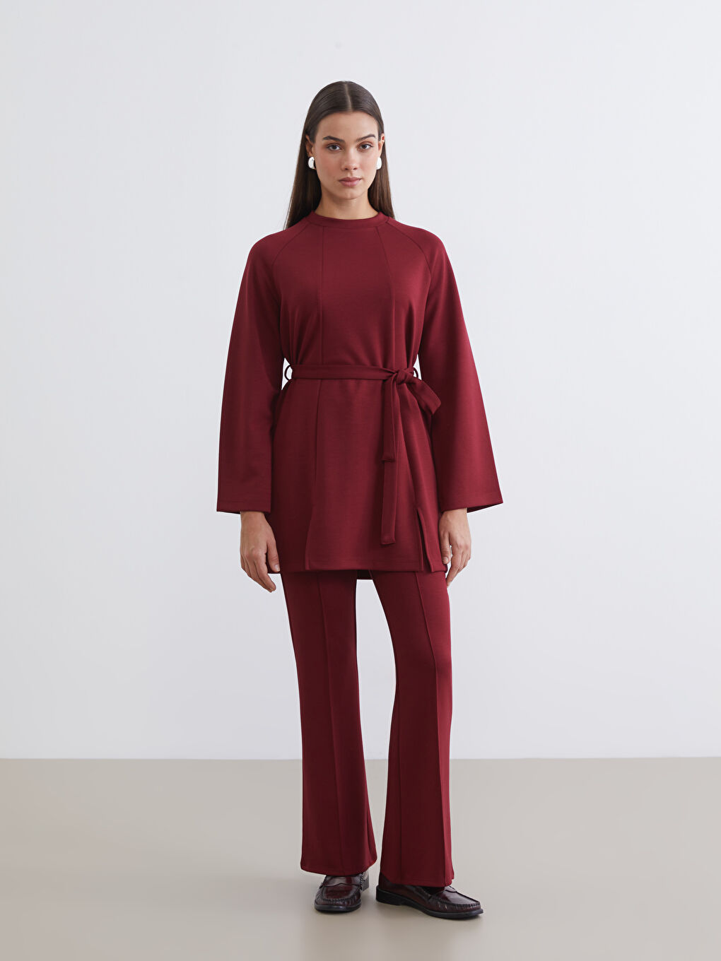Bordo Beli Kuşaklı Kadın Sweatshirt Tunik-1