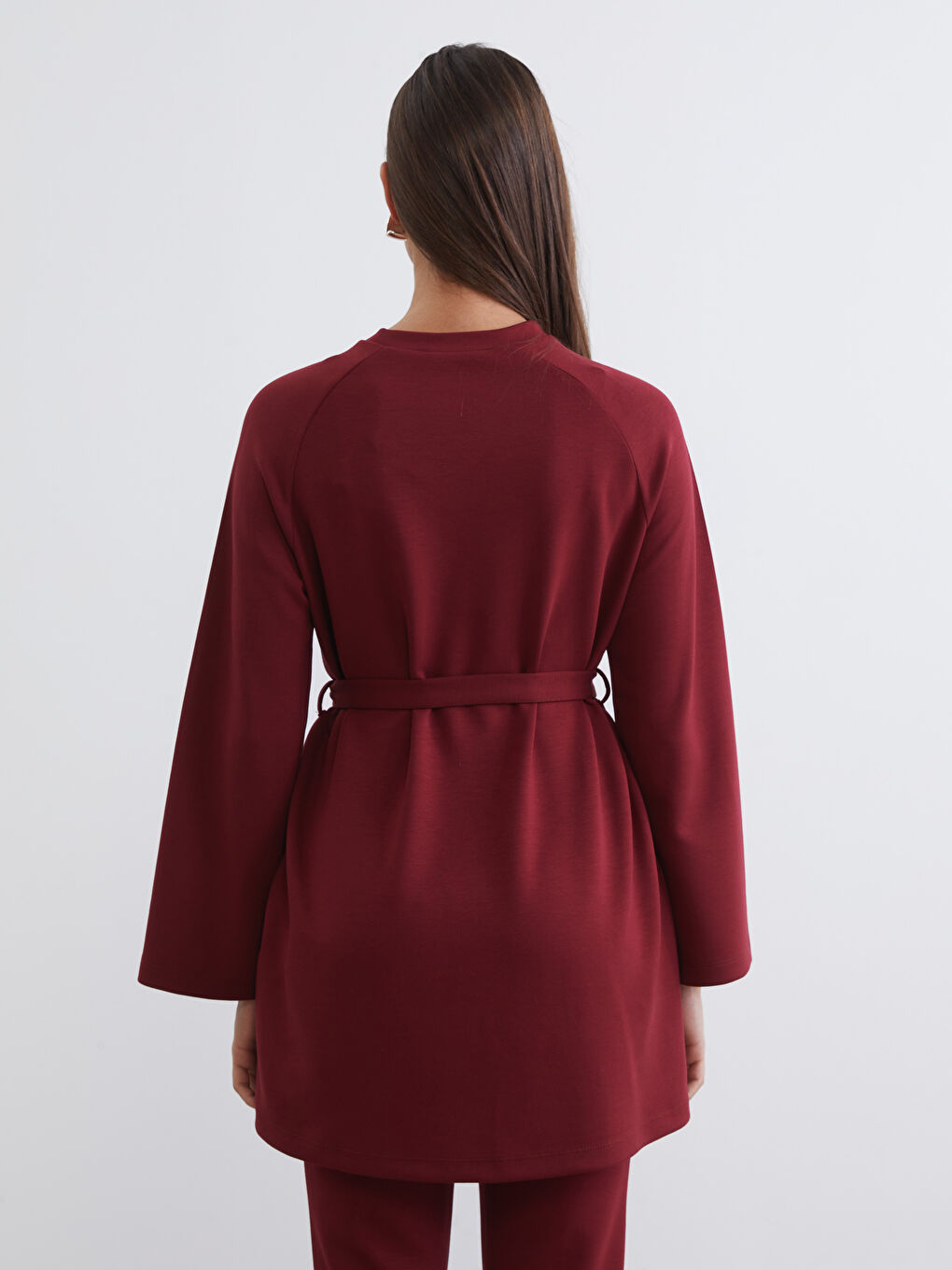Bordo Beli Kuşaklı Kadın Sweatshirt Tunik-3
