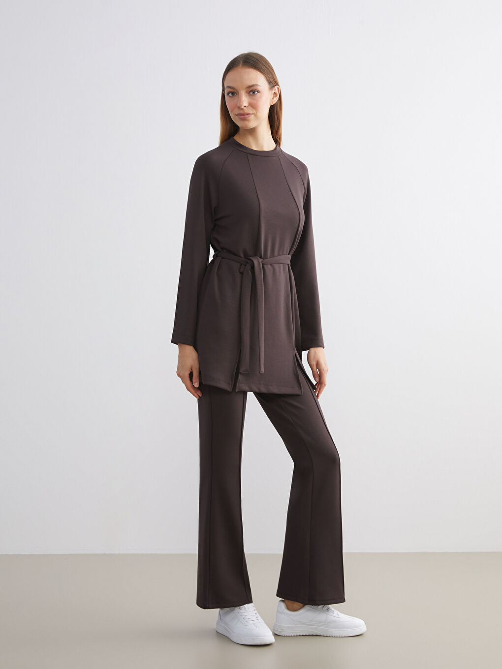 Kahverengi Beli Kuşaklı Kadın Sweatshirt Tunik-1