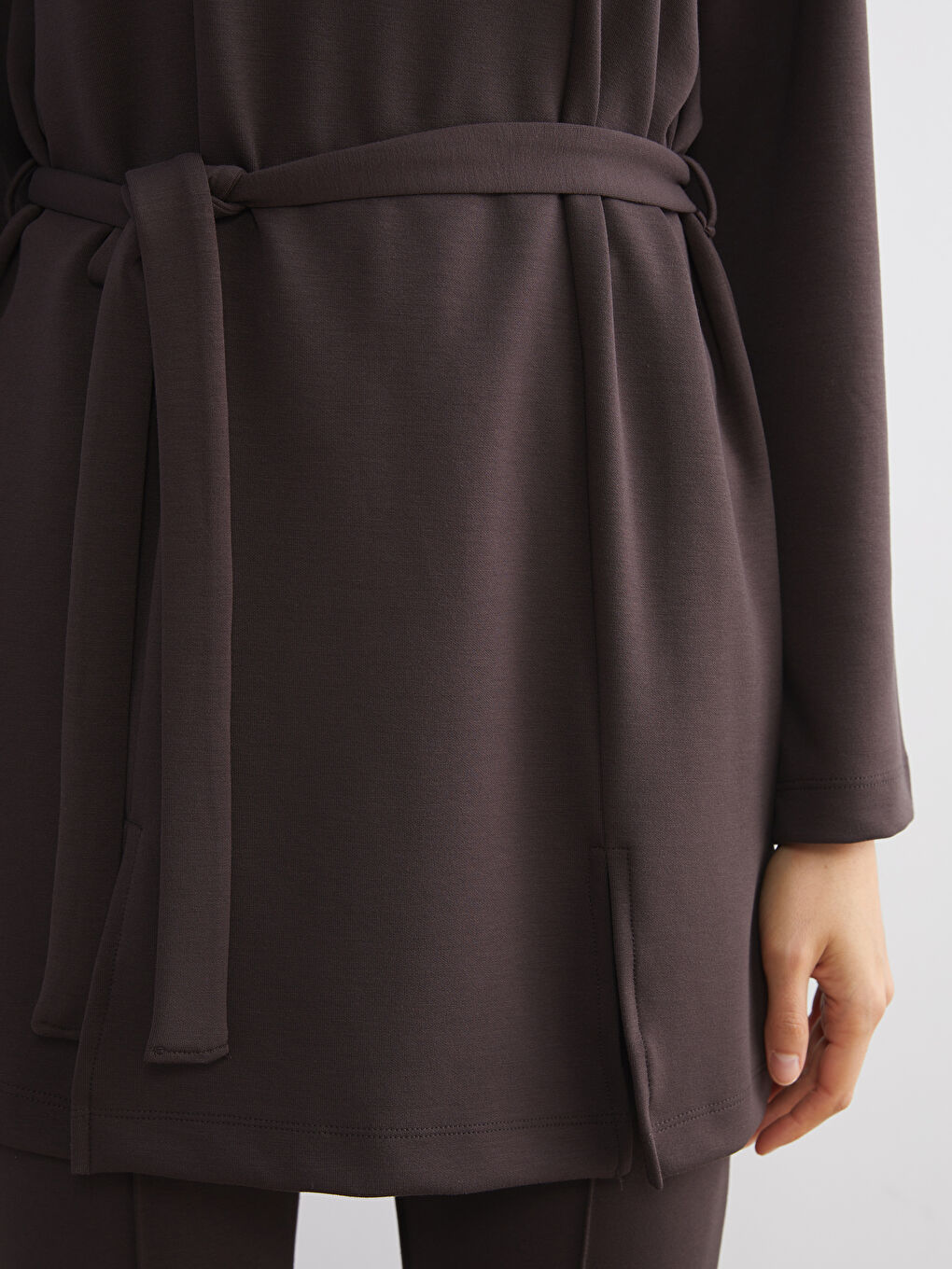 Kahverengi Beli Kuşaklı Kadın Sweatshirt Tunik-2