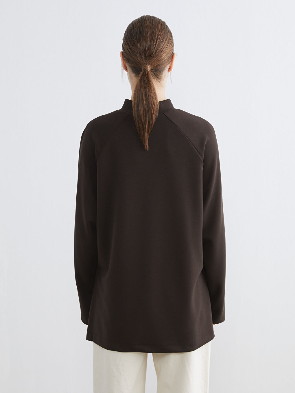 Kahverengi Dik Yaka Oversize Kadın Sweatshirt Tunik-3