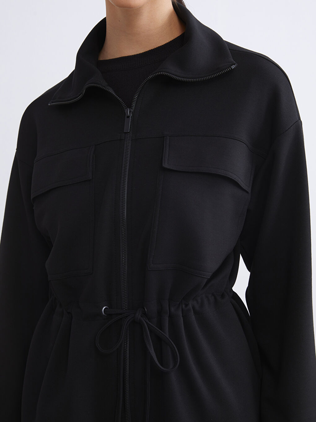 Siyah Dik Yaka Oversize Kadın Fermuarlı Sweatshirt-2