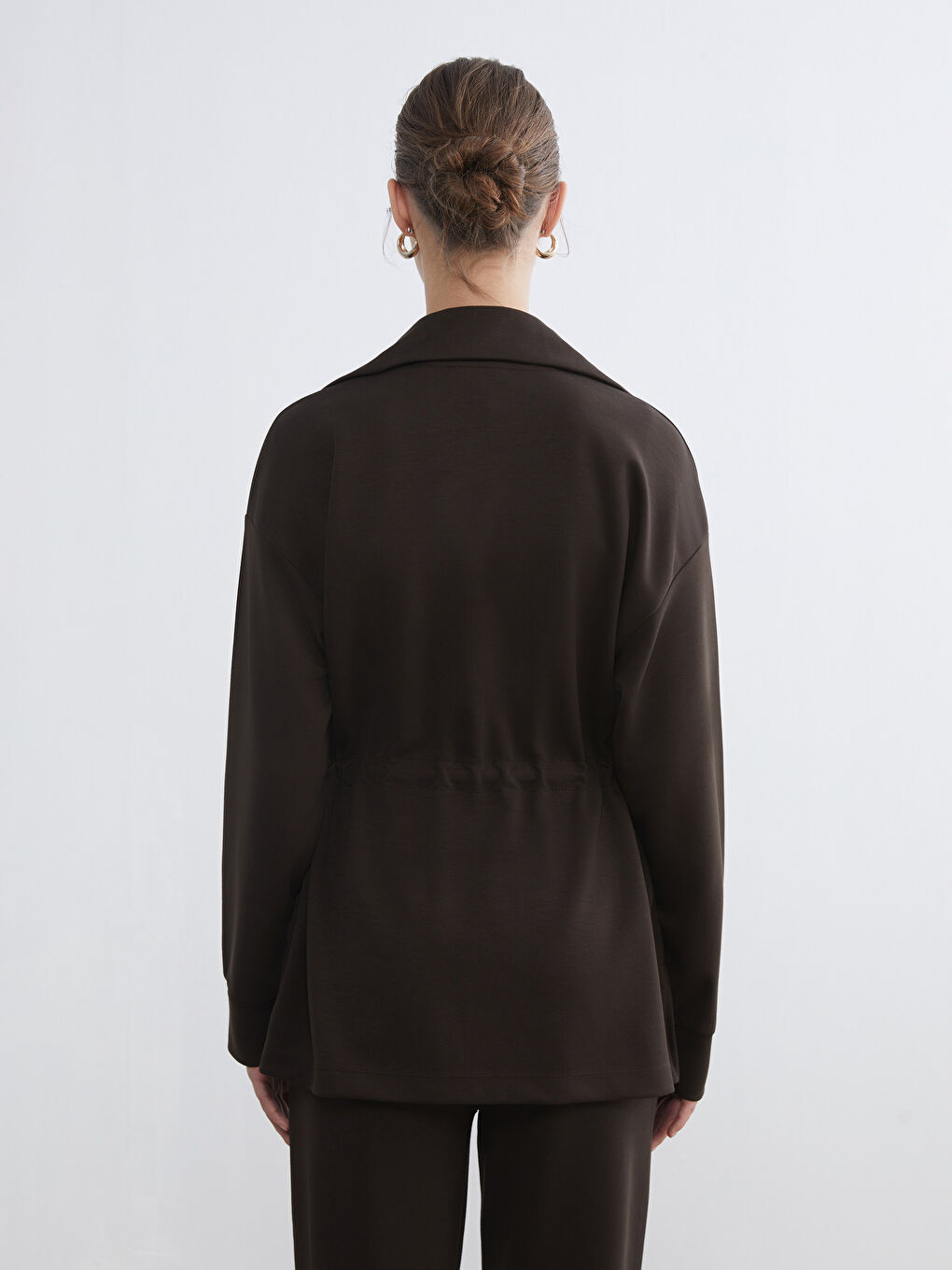 Kahverengi Dik Yaka Oversize Kadın Fermuarlı Sweatshirt-3