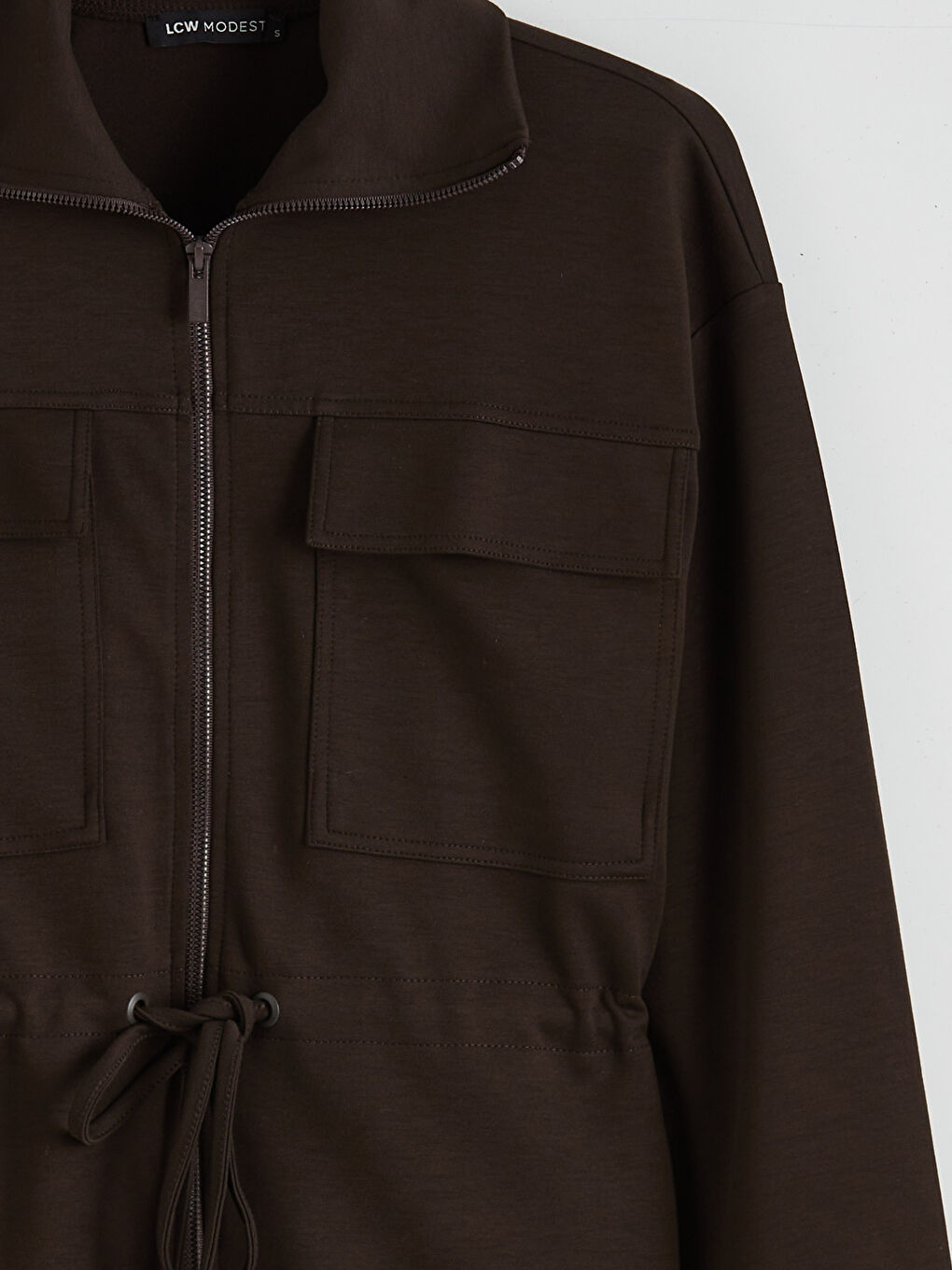 Kahverengi Dik Yaka Oversize Kadın Fermuarlı Sweatshirt-5