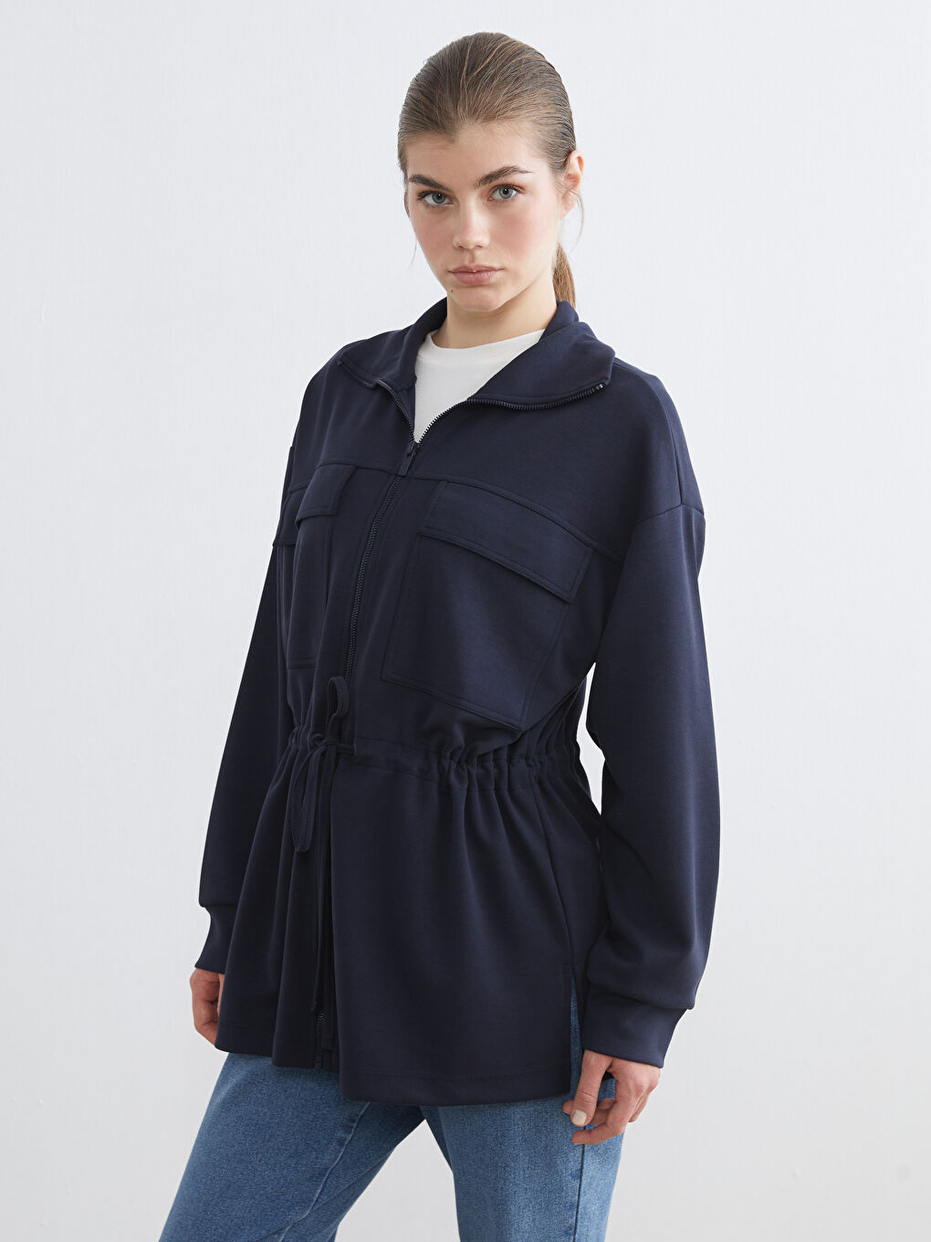 Lacivert Dik Yaka Oversize Kadın Fermuarlı Sweatshirt