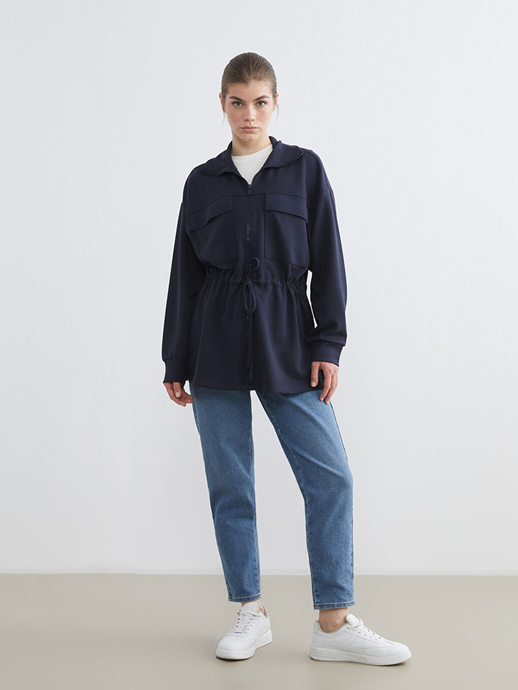 Lacivert Dik Yaka Oversize Kadın Fermuarlı Sweatshirt-1