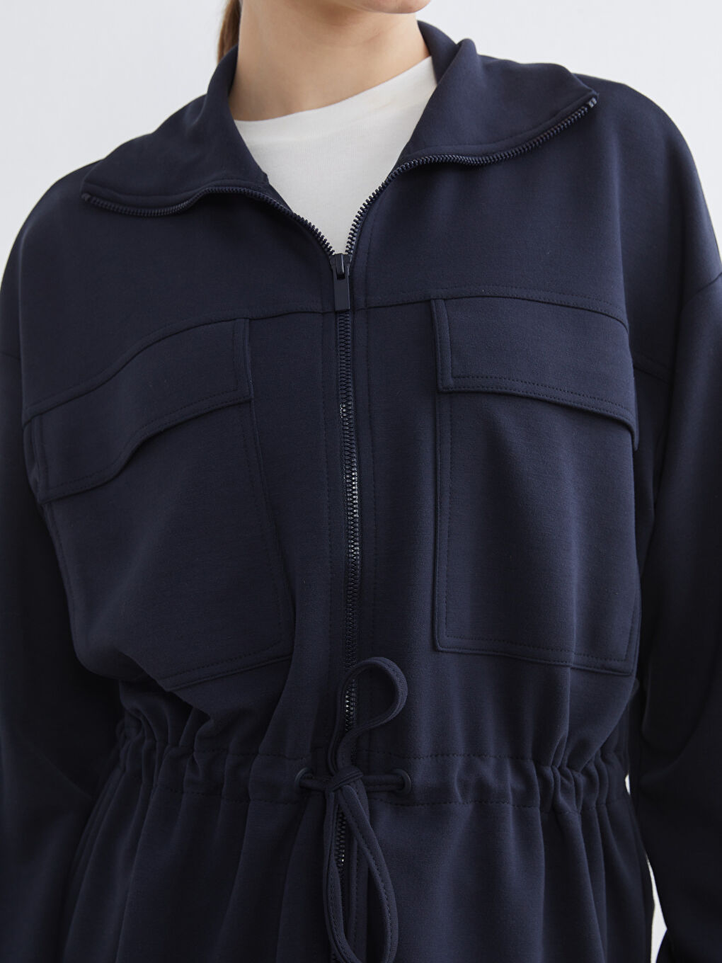 Lacivert Dik Yaka Oversize Kadın Fermuarlı Sweatshirt-2