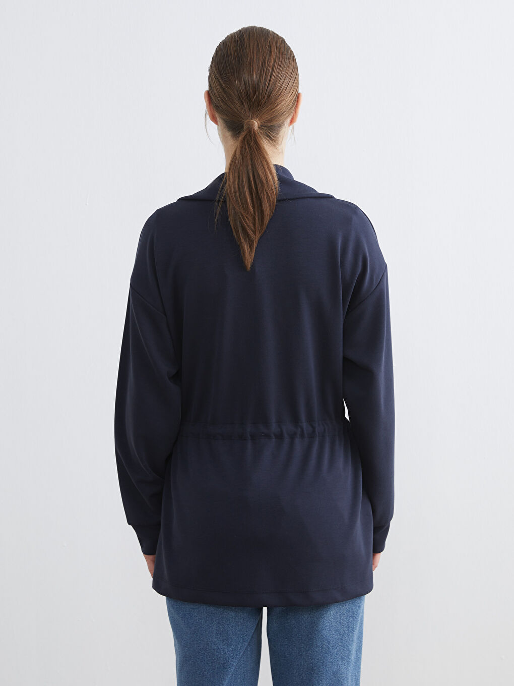 Lacivert Dik Yaka Oversize Kadın Fermuarlı Sweatshirt-3