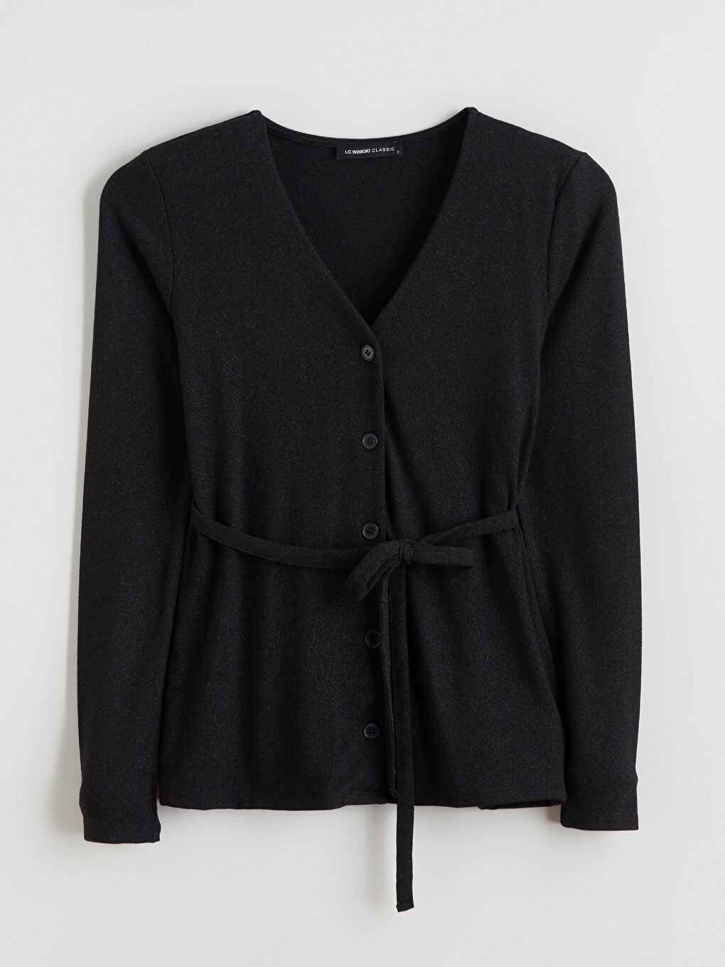 Siyah V Yaka Beli Kuşaklı Kadın Hırka-4