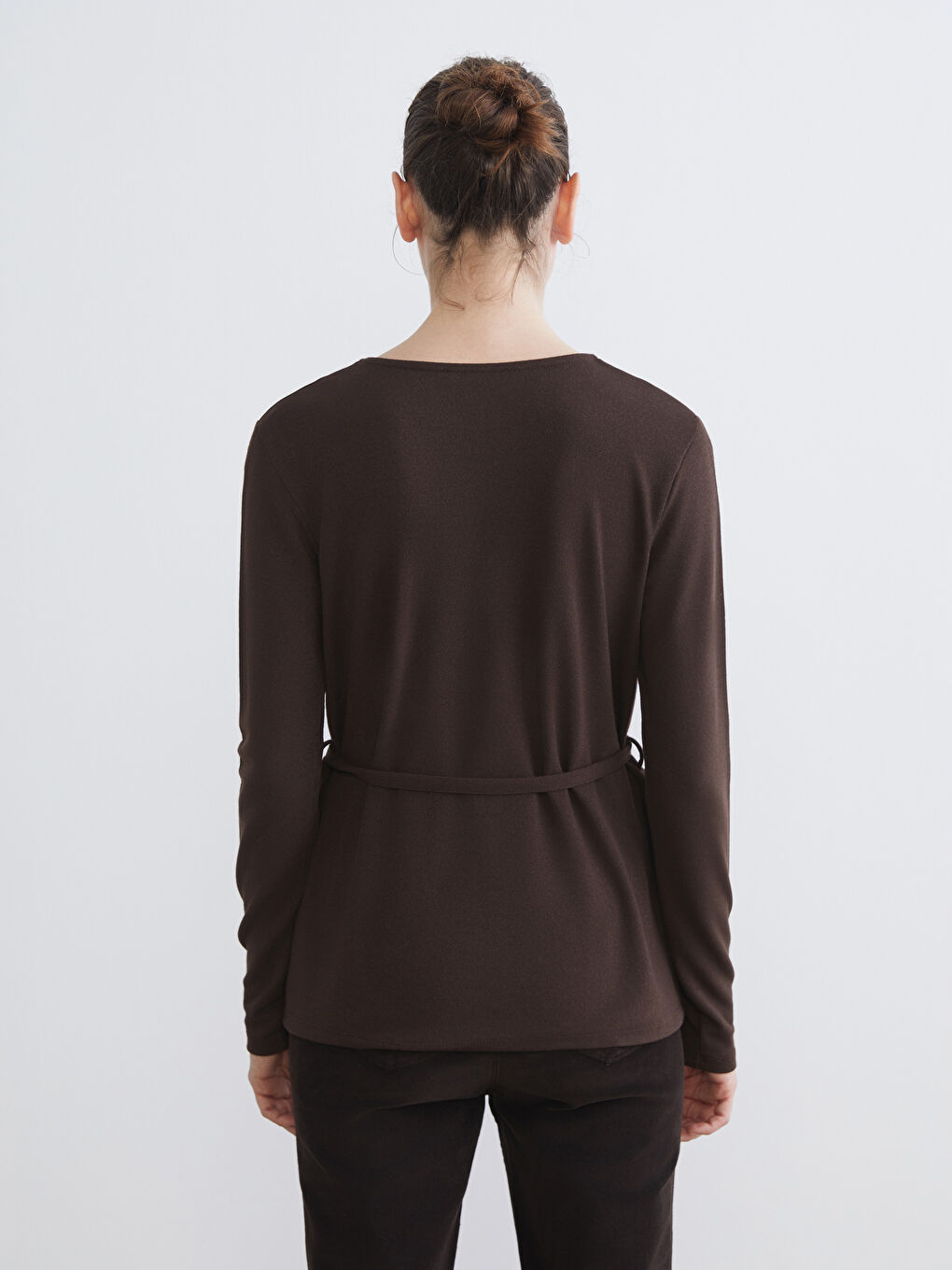 Kahverengi V Yaka Beli Kuşaklı Kadın Hırka-3