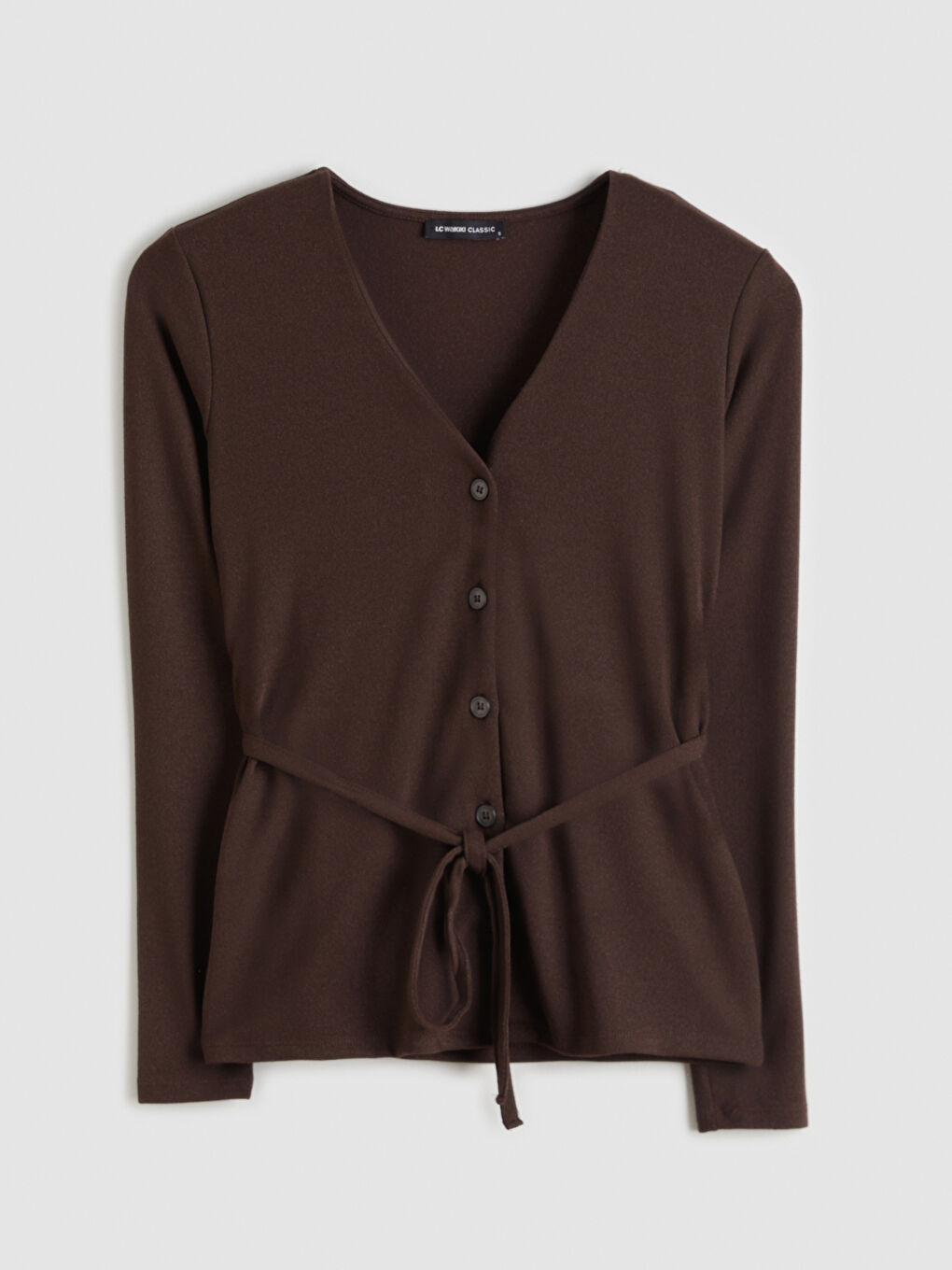 Kahverengi V Yaka Beli Kuşaklı Kadın Hırka-4