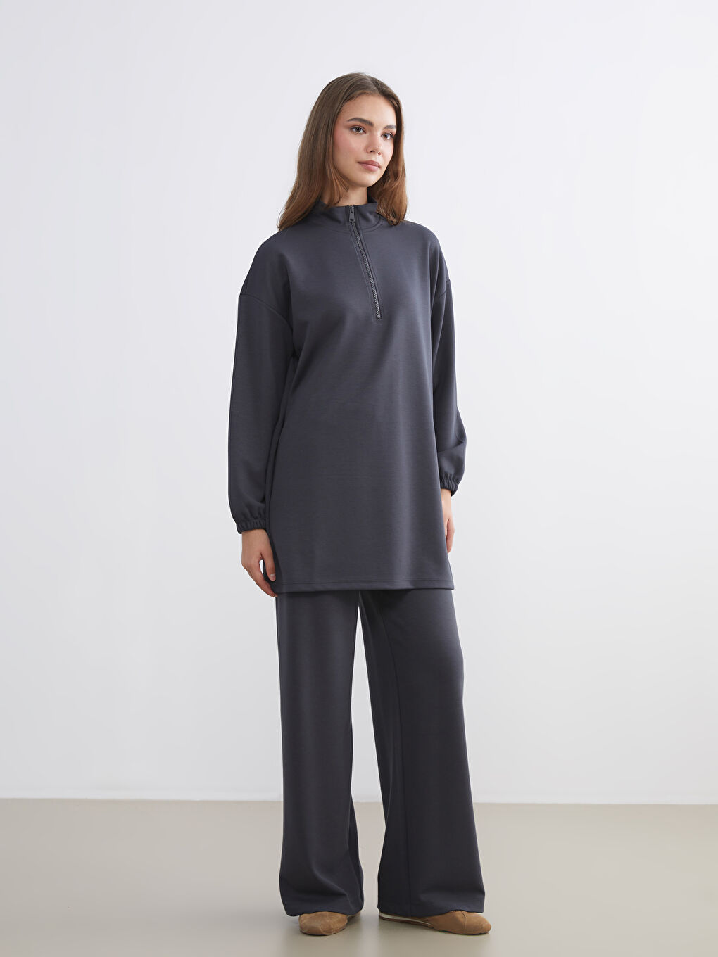 Antrasit Beli Lastikli Geniş Paça Kadın Eşofman Altı