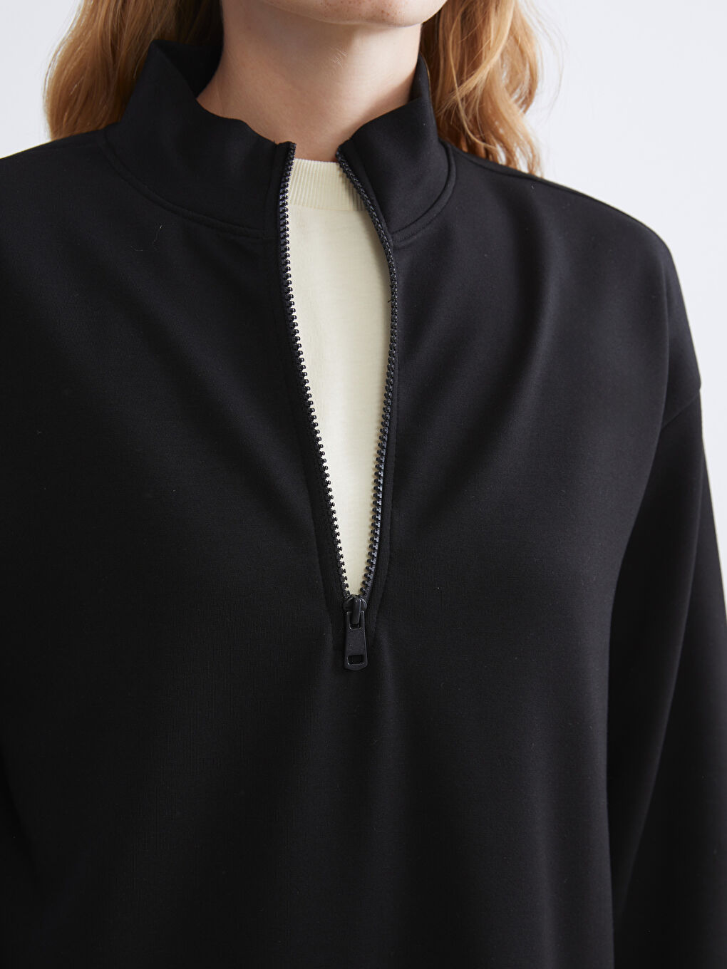 Siyah Dik Yaka Oversize Kadın Sweatshirt Tunik-4