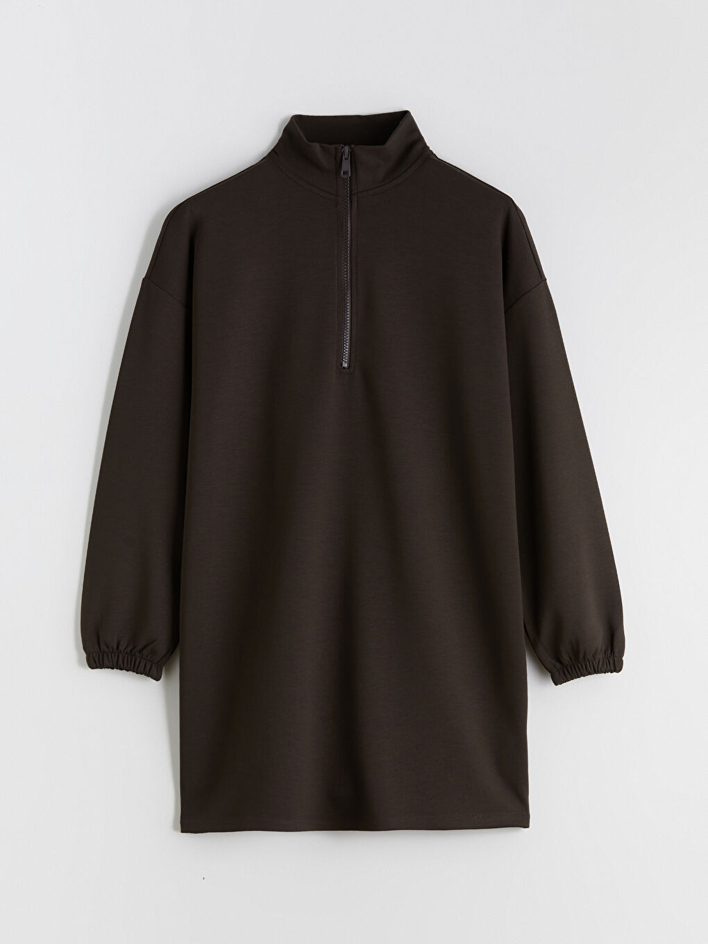 Kahverengi Dik Yaka Oversize Kadın Sweatshirt Tunik-4