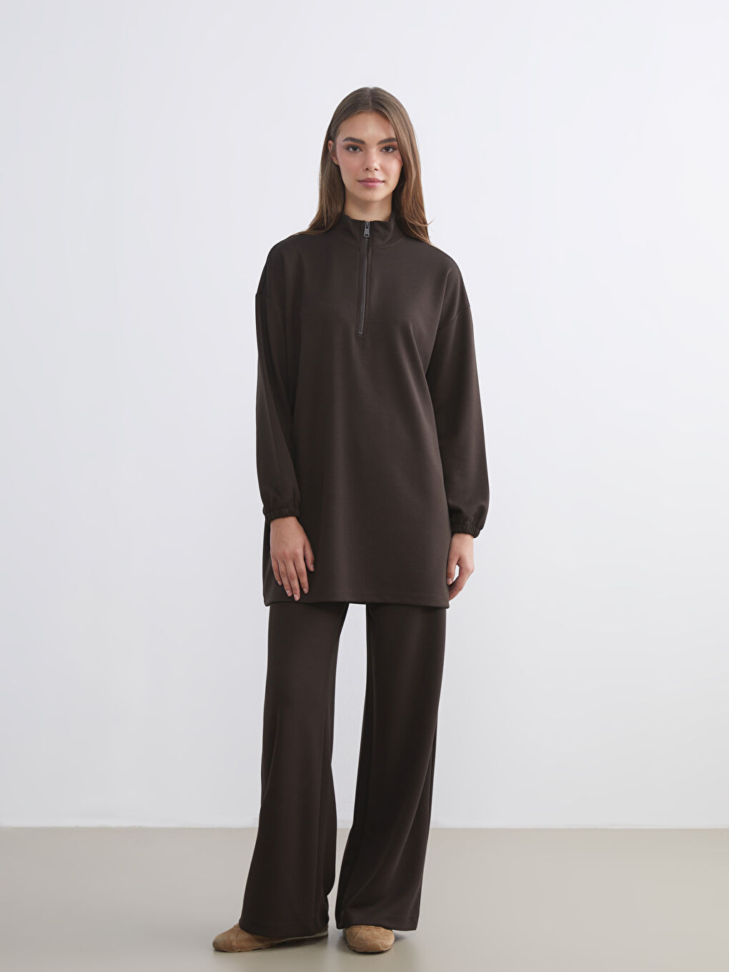 Kahverengi Dik Yaka Oversize Kadın Sweatshirt Tunik-1