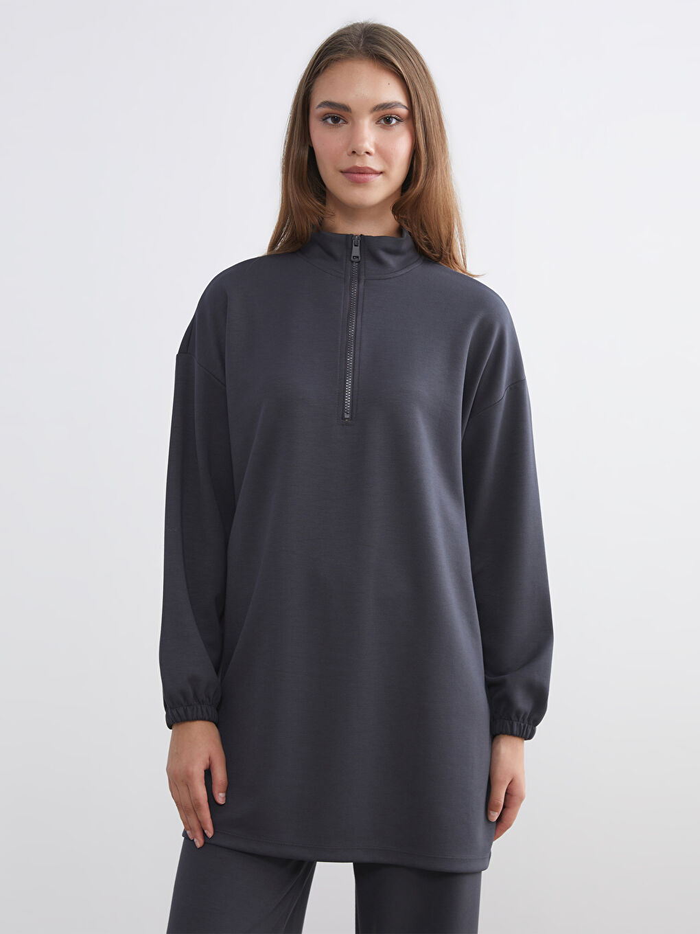 Antrasit Dik Yaka Oversize Kadın Sweatshirt Tunik