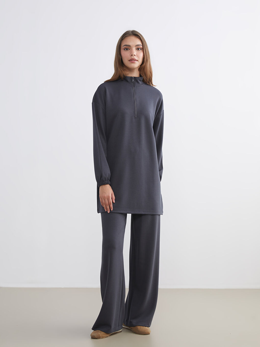 Antrasit Dik Yaka Oversize Kadın Sweatshirt Tunik-1