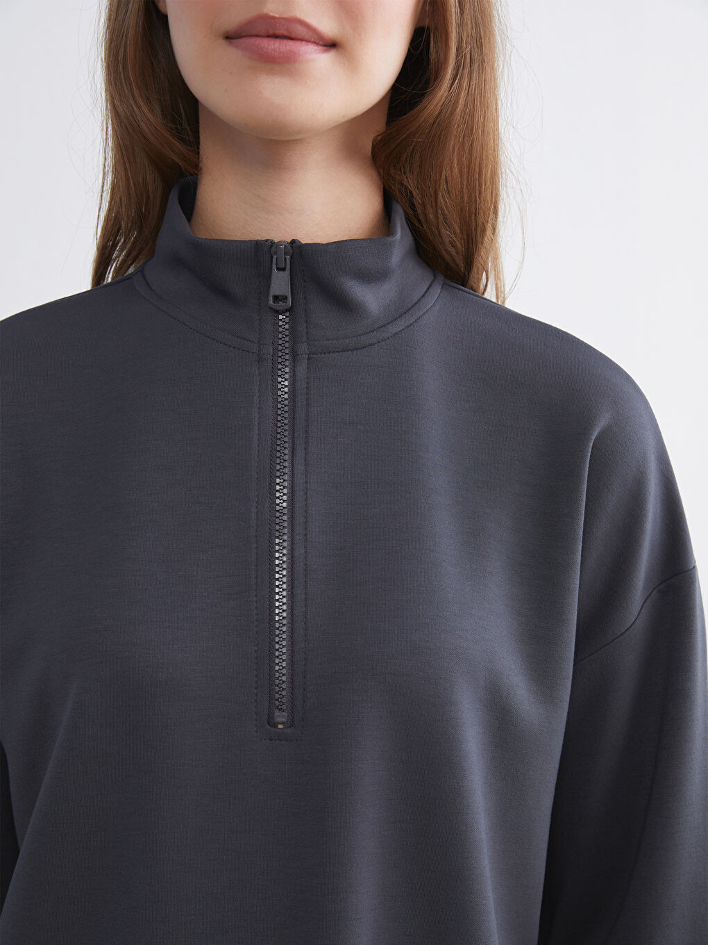 Antrasit Dik Yaka Oversize Kadın Sweatshirt Tunik-2