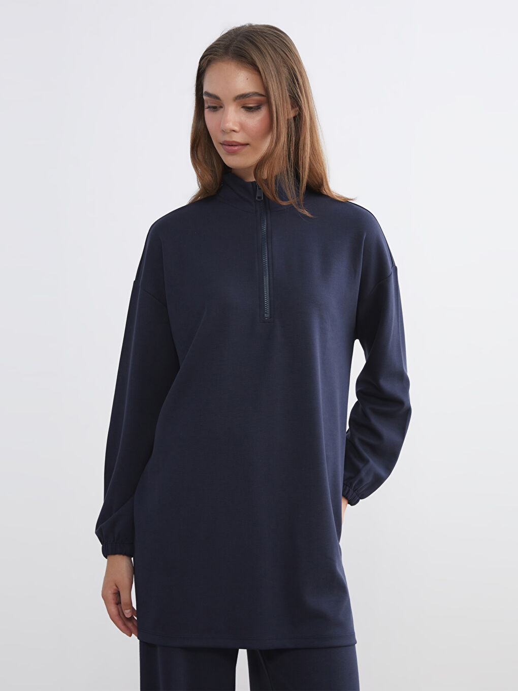 Lacivert Dik Yaka Oversize Kadın Sweatshirt Tunik
