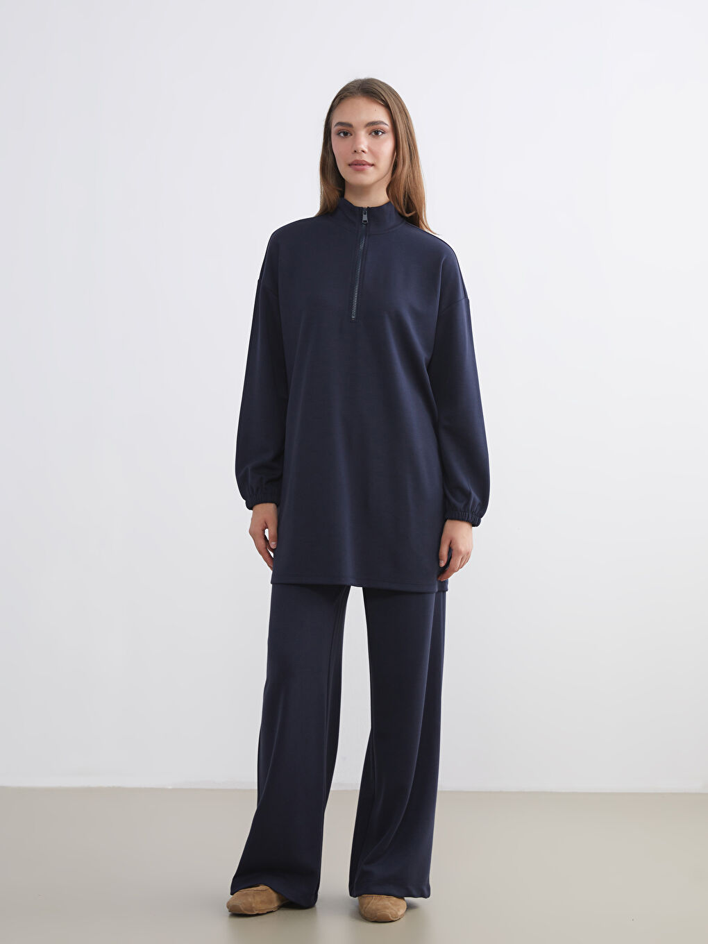 Lacivert Dik Yaka Oversize Kadın Sweatshirt Tunik-1