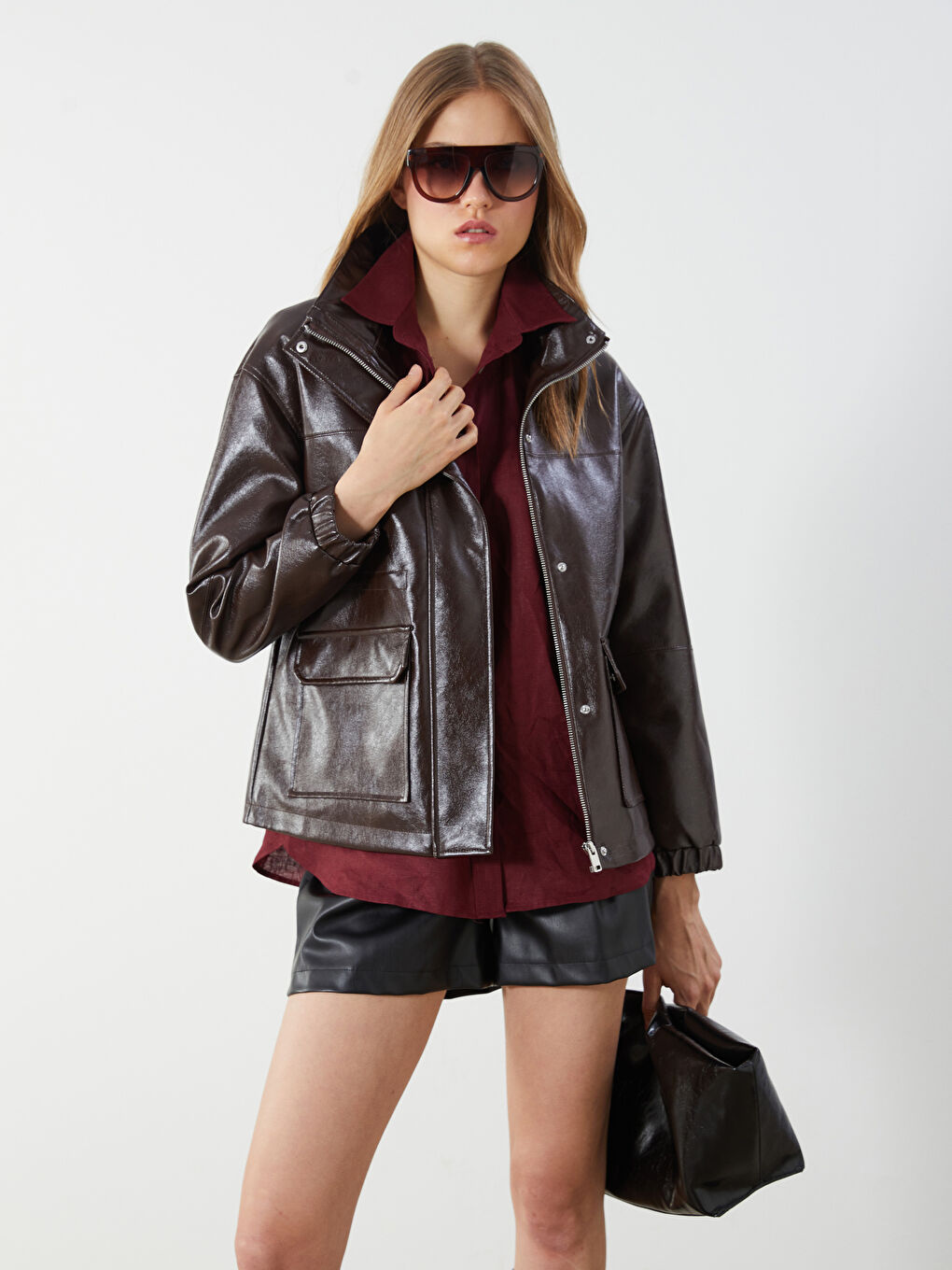 LCW Vision Funnel Neck Women's Faux Leather Jacket -W5IT37Z8-CT9