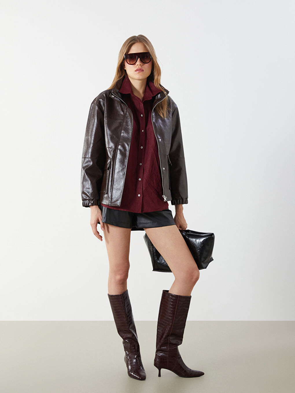 LCW Vision Funnel Neck Women's Faux Leather Jacket -W5IT37Z8-CT9