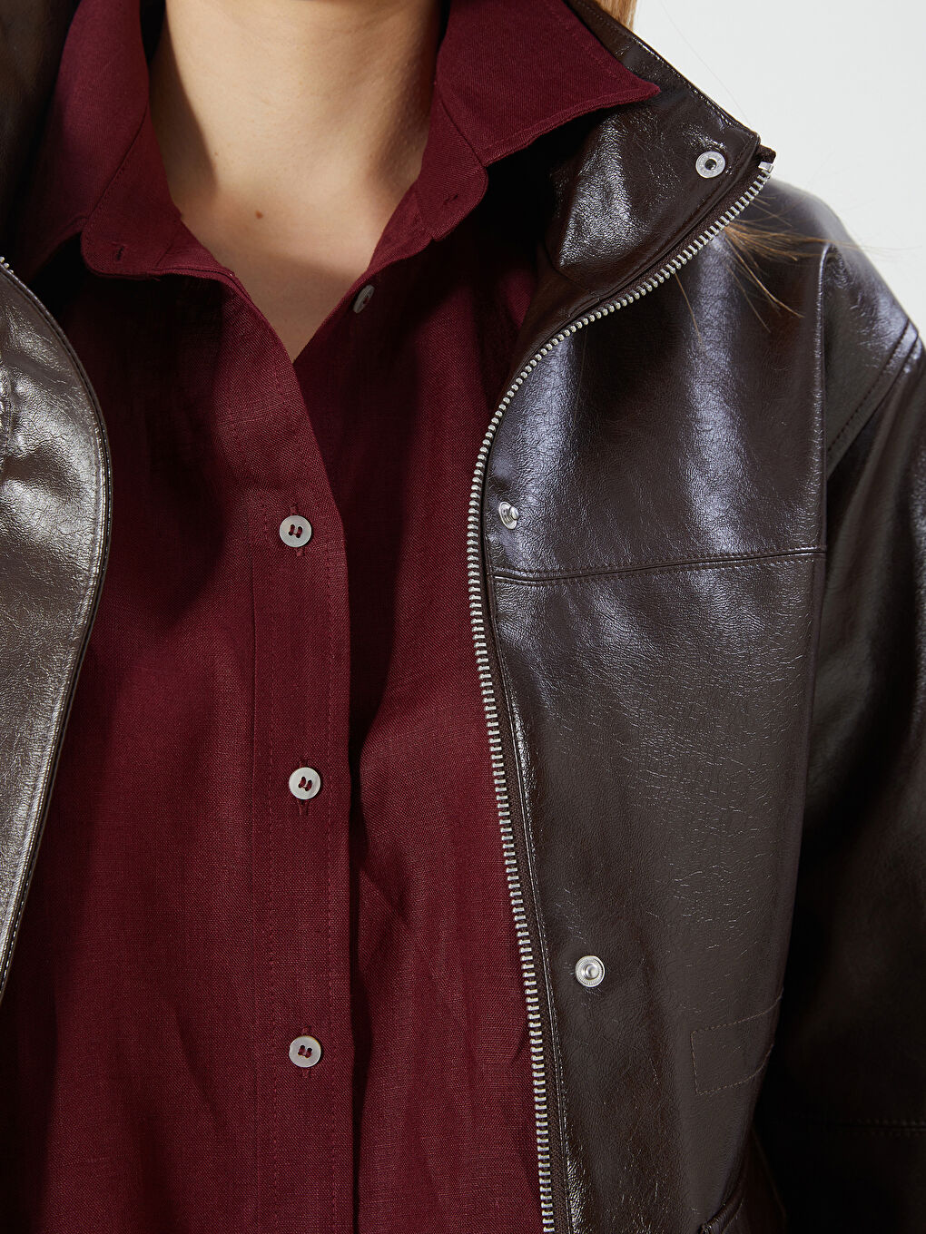 LCW Vision Funnel Neck Women's Faux Leather Jacket -W5IT37Z8-CT9