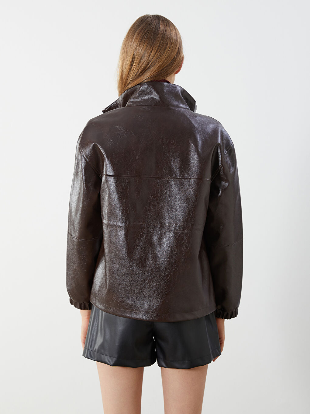 LCW Vision Funnel Neck Women's Faux Leather Jacket -W5IT37Z8-CT9