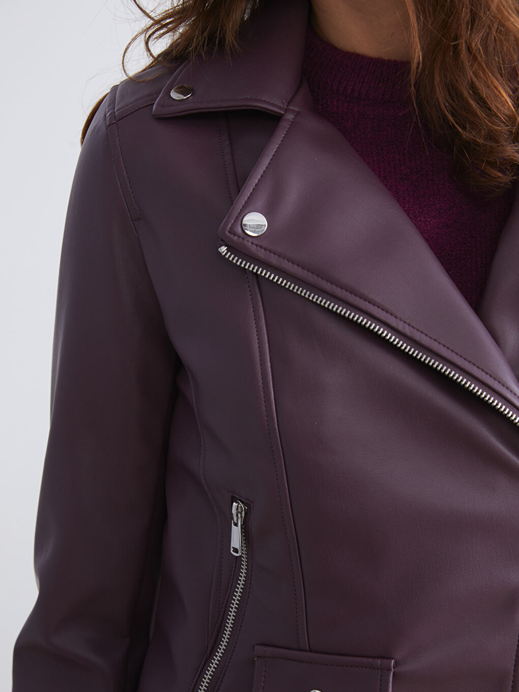 Biker Neck Women's Faux Leather Jacket-2