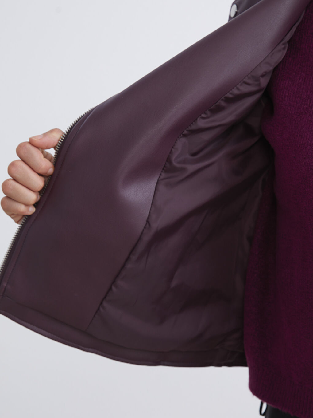 Biker Neck Women's Faux Leather Jacket-3