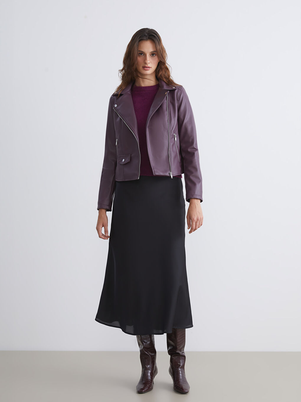 Bordo Biker Yaka Kadın Deri Görünümlü Ceket-1