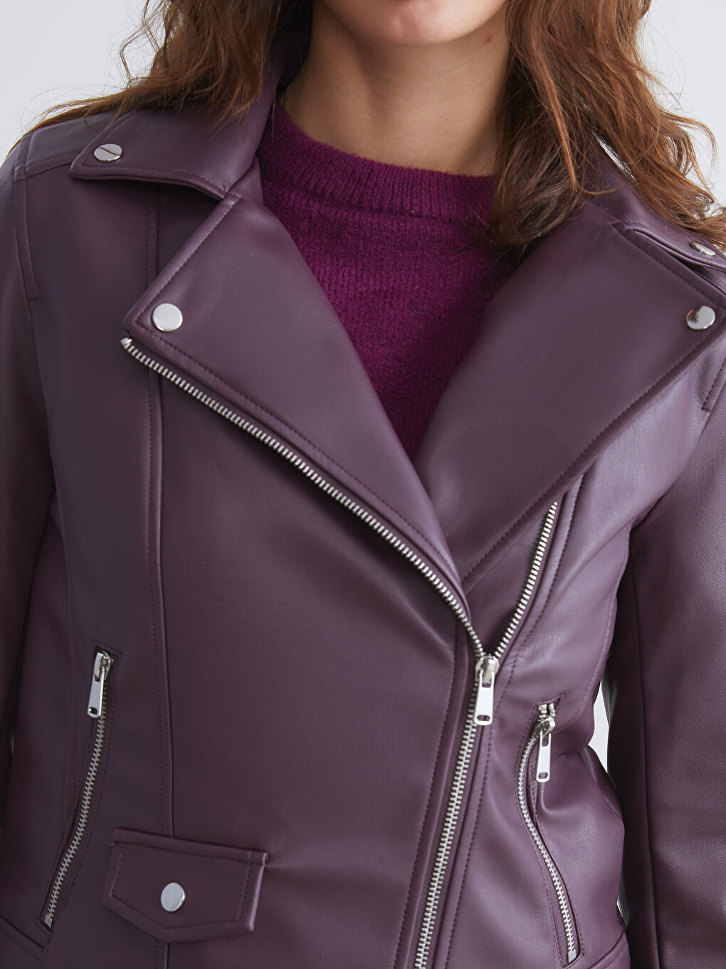 Bordo Biker Yaka Kadın Deri Görünümlü Ceket-2