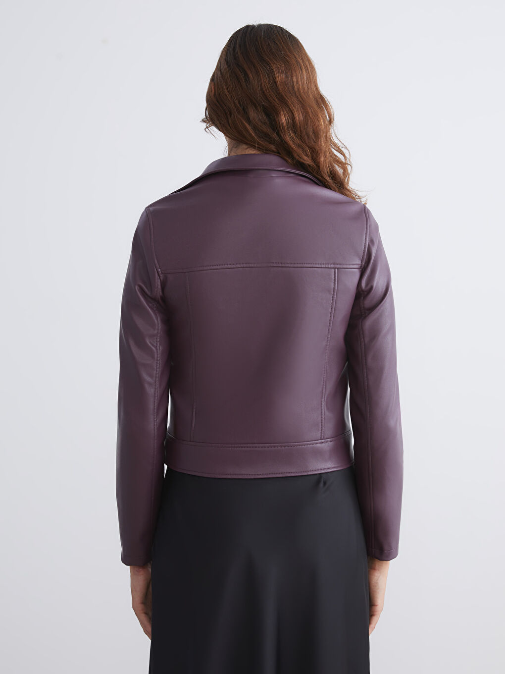 Bordo Biker Yaka Kadın Deri Görünümlü Ceket-4