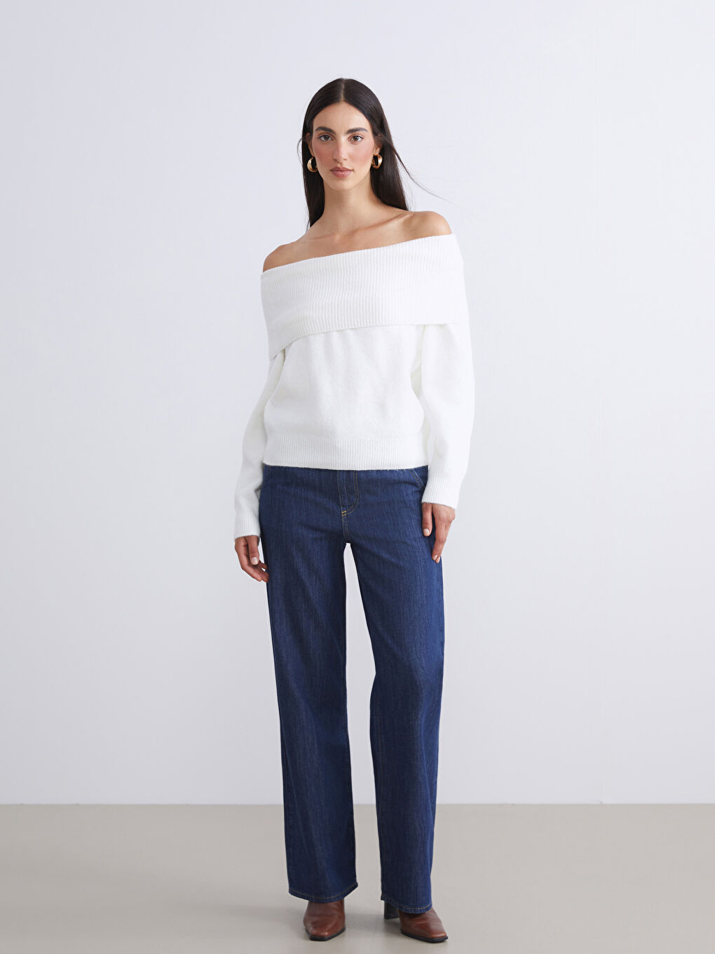 Schulterfreier Ausschnitt Damen Strickpullover-1