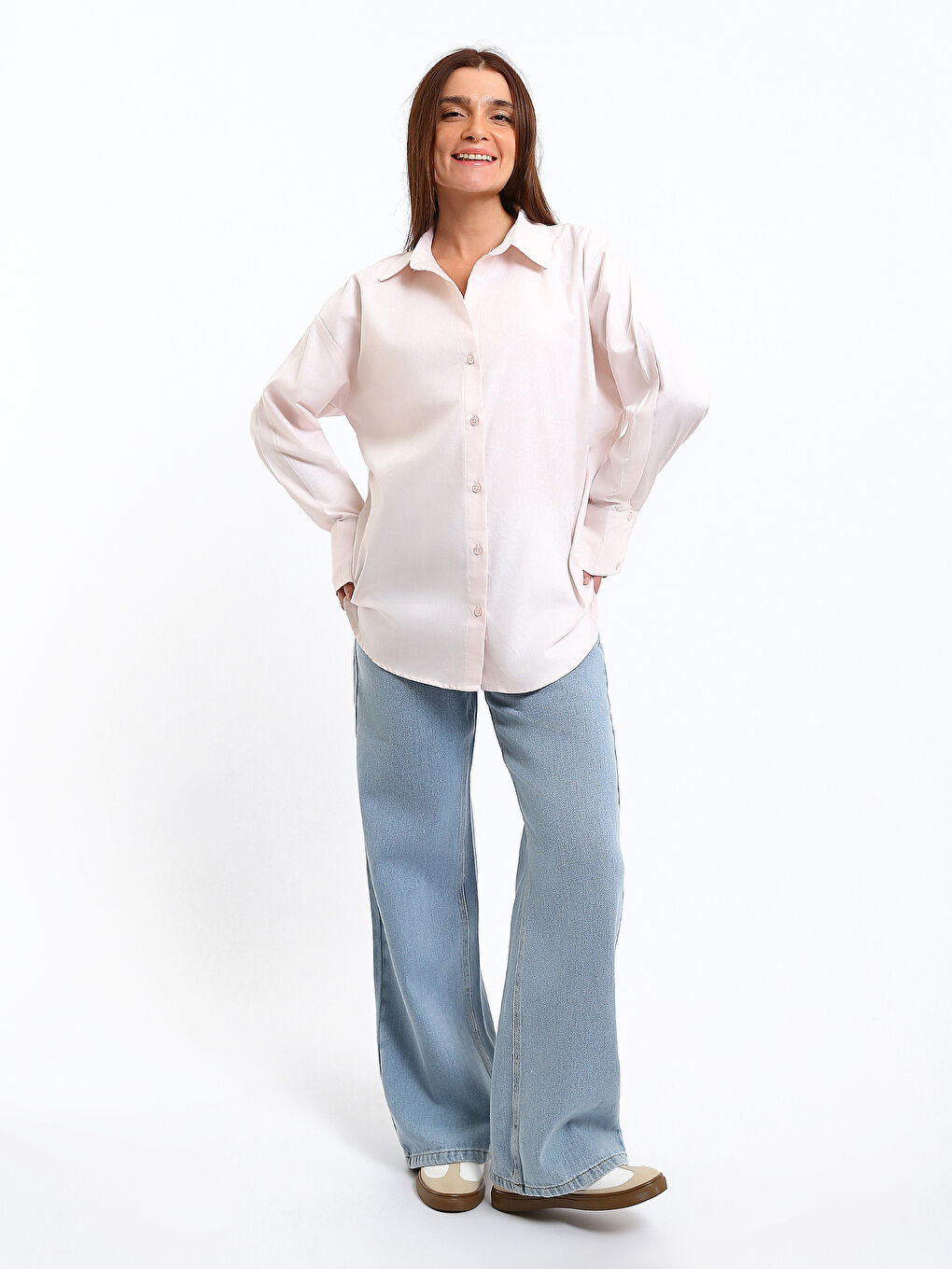 Pembe Oversize Oxford Kadın Gömlek-1