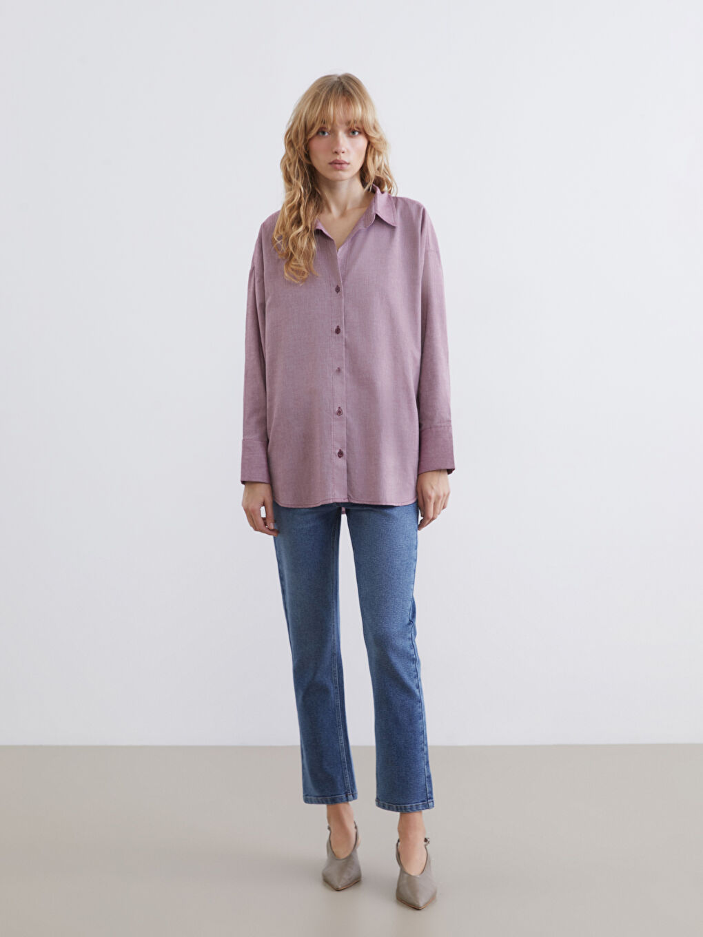 Mürdüm Oversize Oxford Kadın Gömlek-1