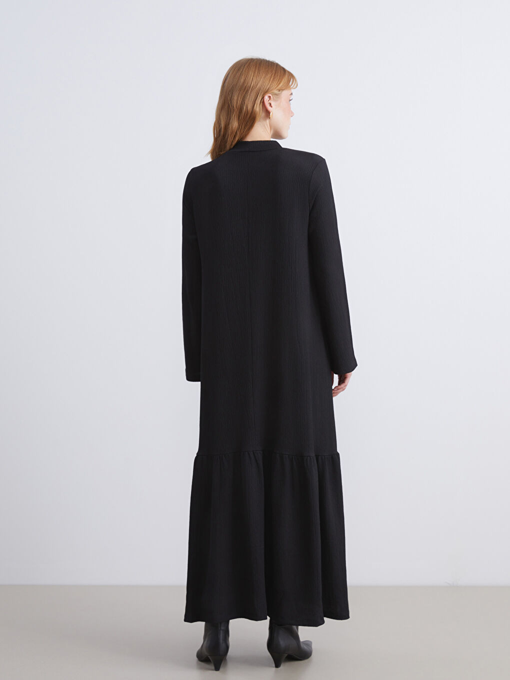 Siyah Dik Yaka Dokulu Katkat Elbise-5