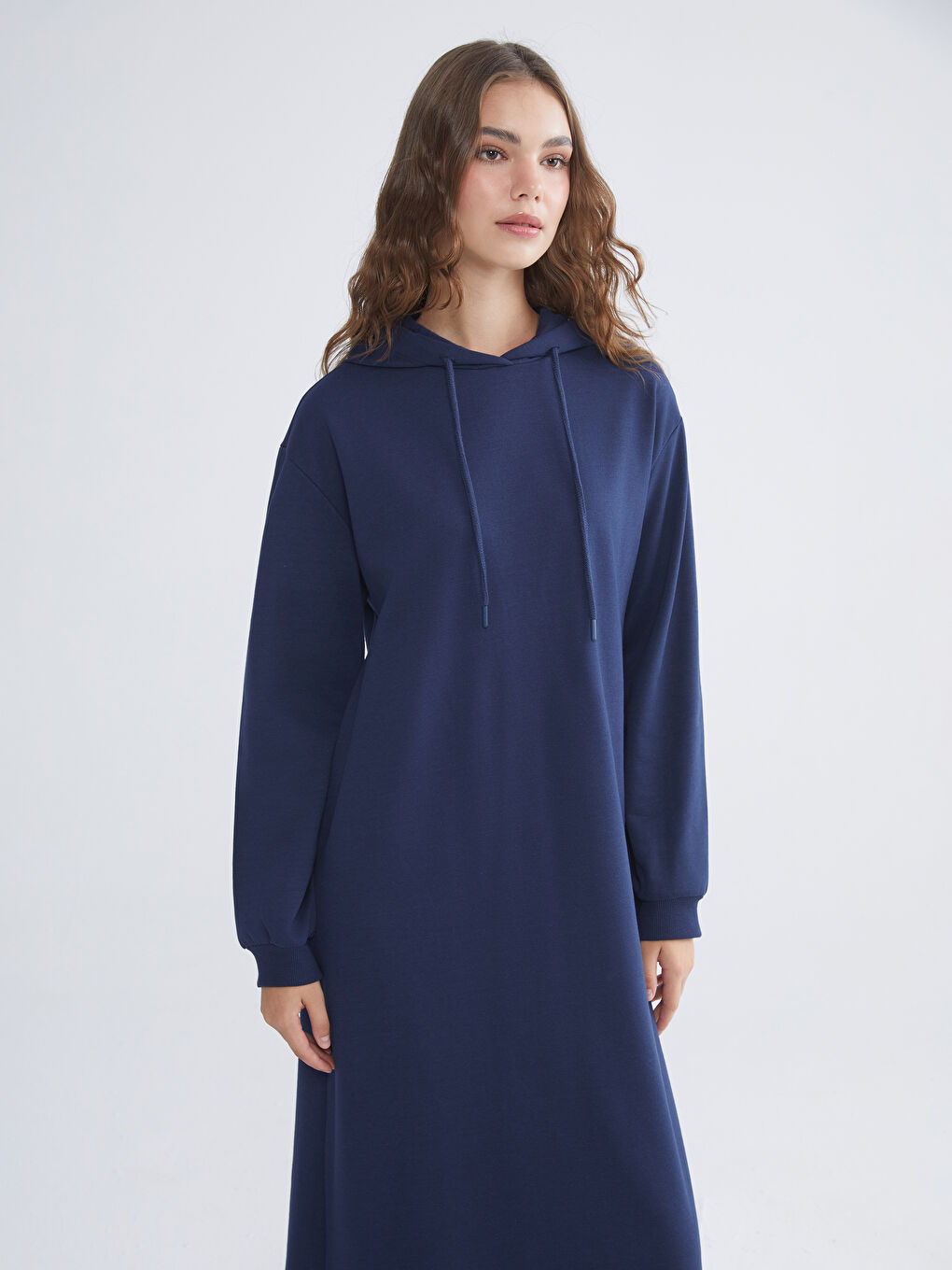 Lacivert Kapüşonlu Sweat Elbise-1