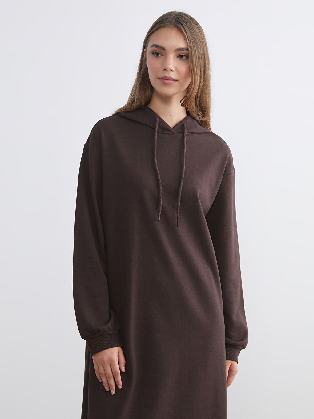 Kahverengi Kapüşonlu Sweat Elbise-1