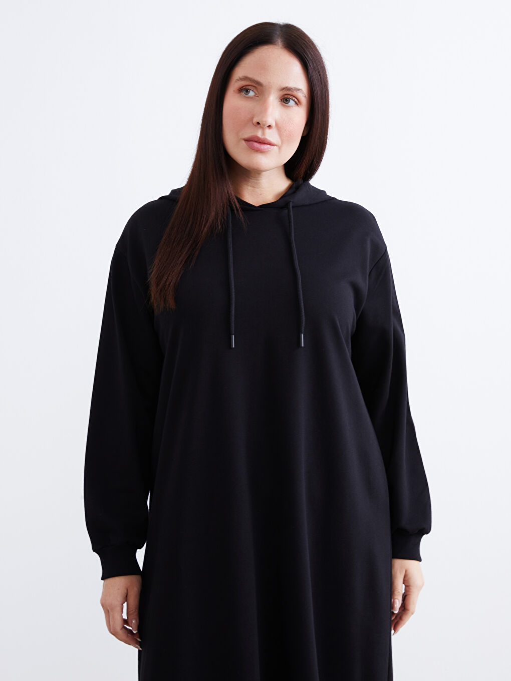 Siyah Kapüşonlu Sweatshirt Elbise-5