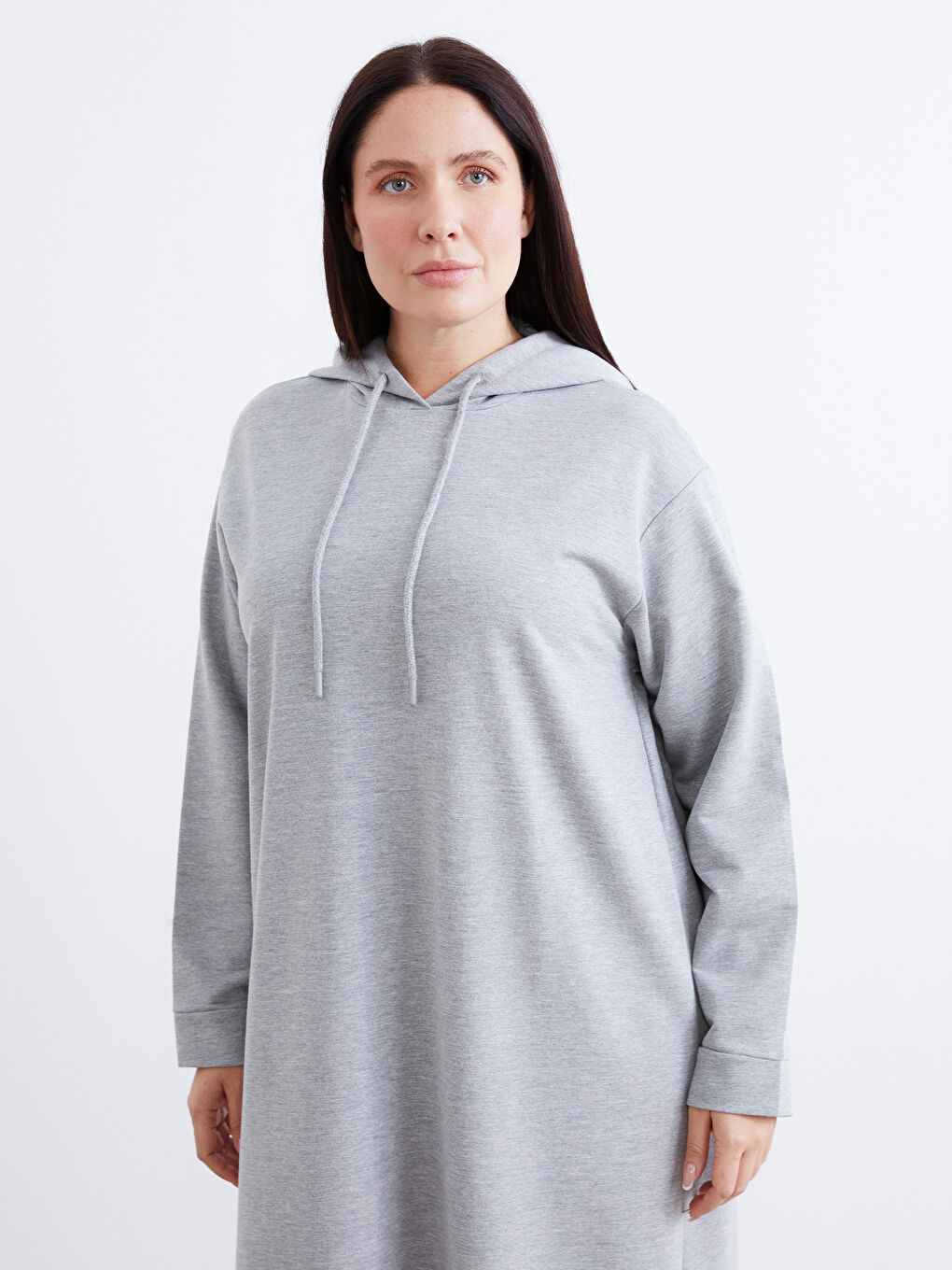 Gri Kapüşonlu Sweatshirt Elbise-5