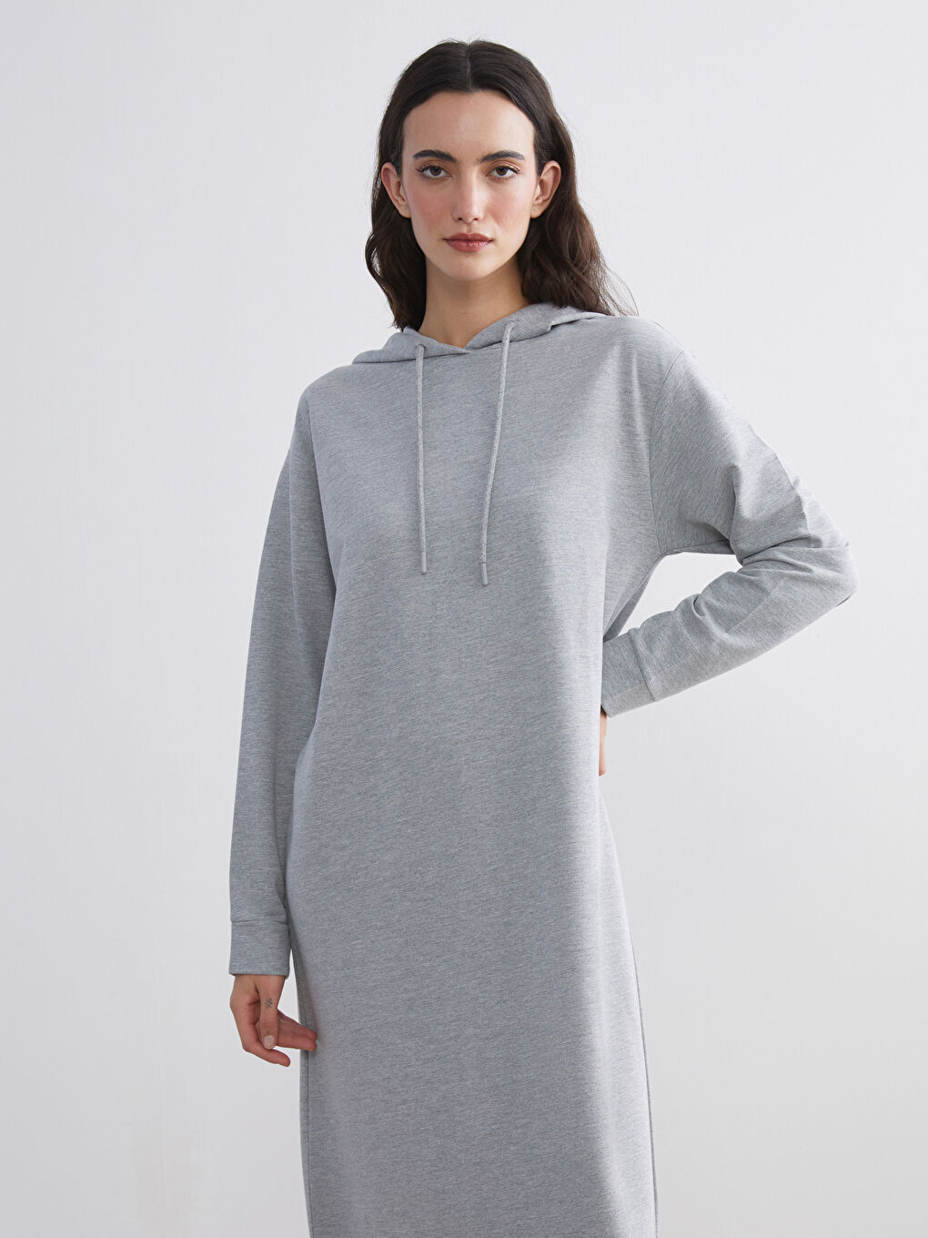 Gri Kapüşonlu Sweatshirt Elbise-2